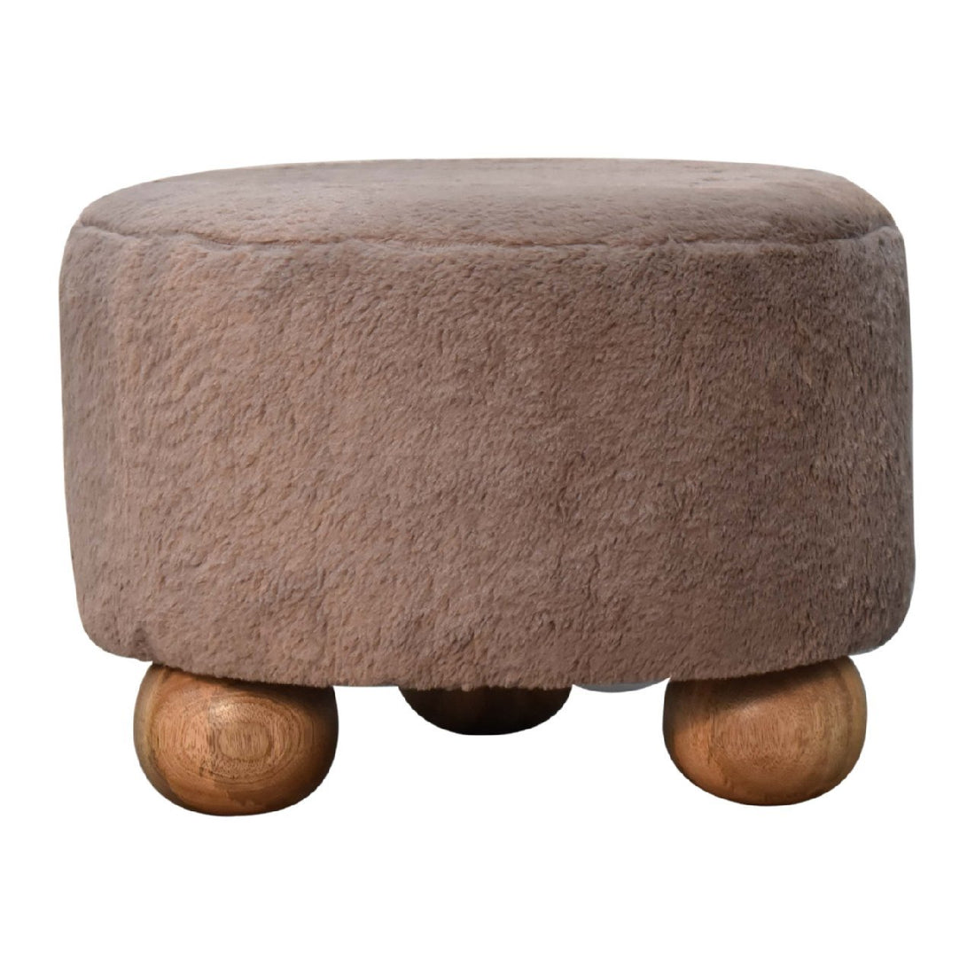 Mocha Faux Fur Round Ball Footstool Mocha Foam Wood Fabric