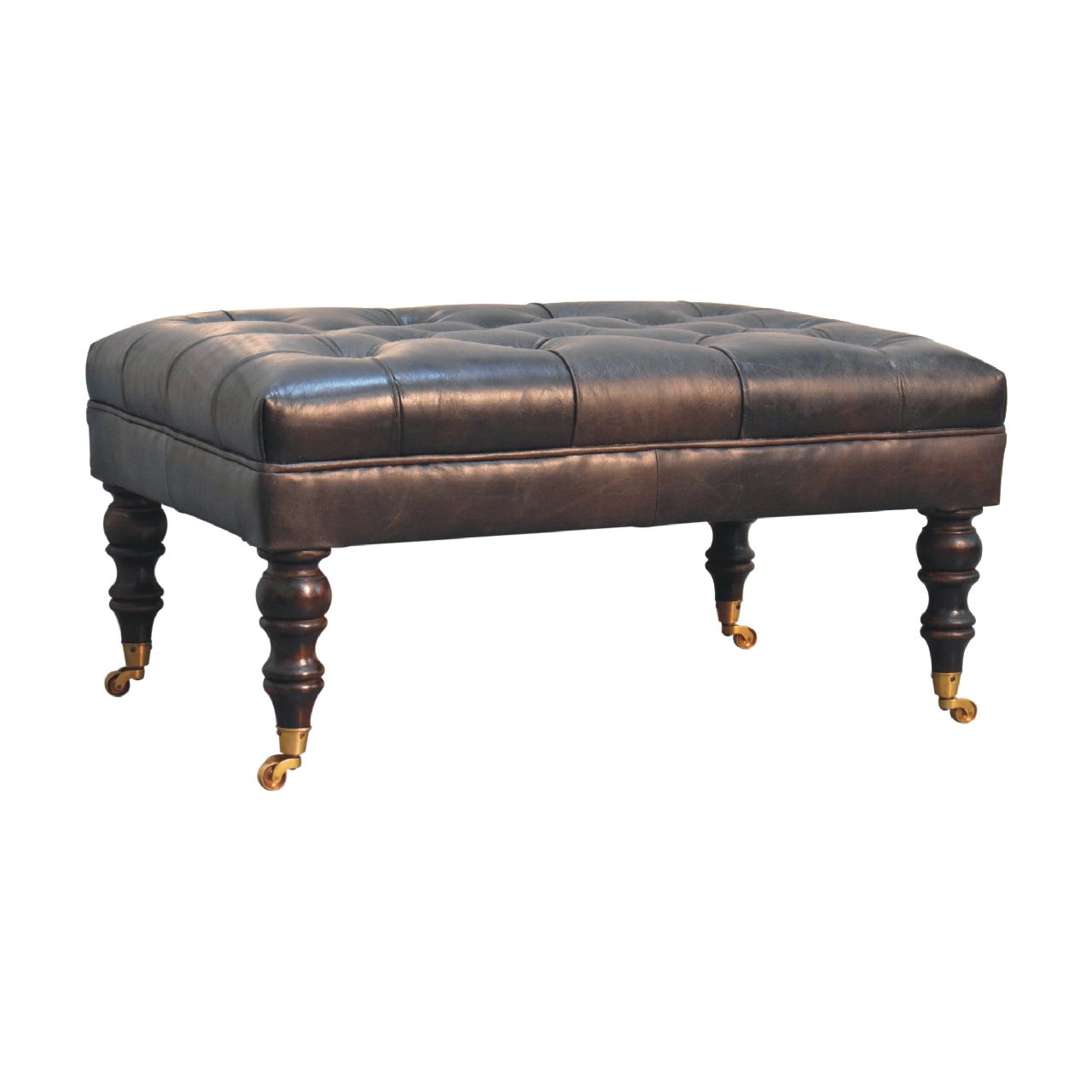 Buffalo Ash Black Leather Ottoman With Castor Legs Black Leather Solid Wood