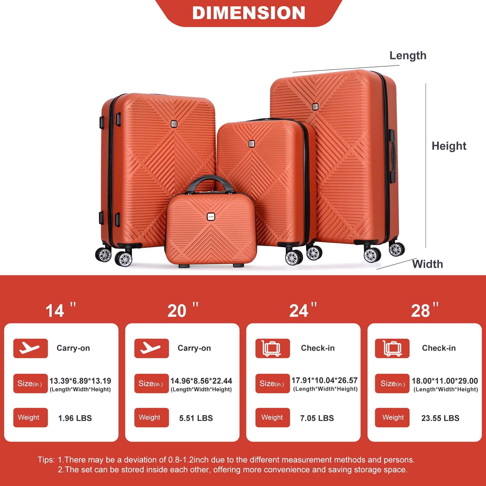 4 Piece Abs Lightweight Suitcase, 14 Inch Makeup Box, Aircraft Wheels 14 20 24 28 Dark Orange Dark Orange Abs