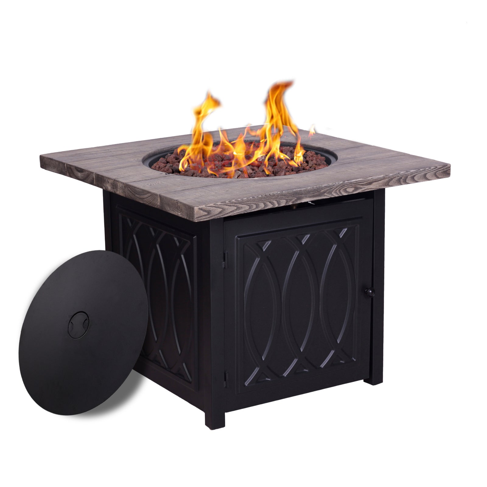 Faux Woodgrain Table Top And Steel Base Propane Outdoor Fire Pit Table With Lid Black Garden & Outdoor American Design Steel