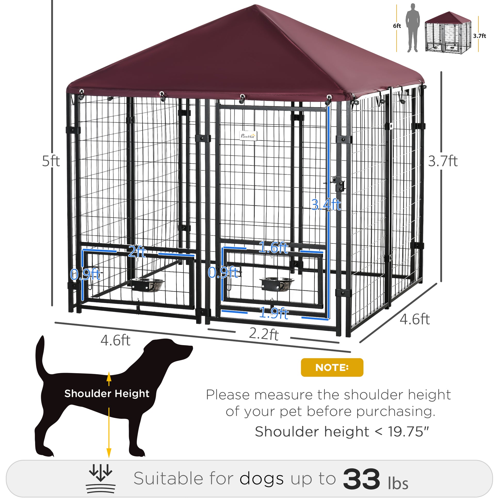 Pawhut 5' X 5' X 5' Dog Kennel Outdoor With Rotating Bowl Holders, Walk In Pet Playpen, Welded Wire Steel Dog Fence With Water And Uv Resistant Canopy, Black And Red Red Steel