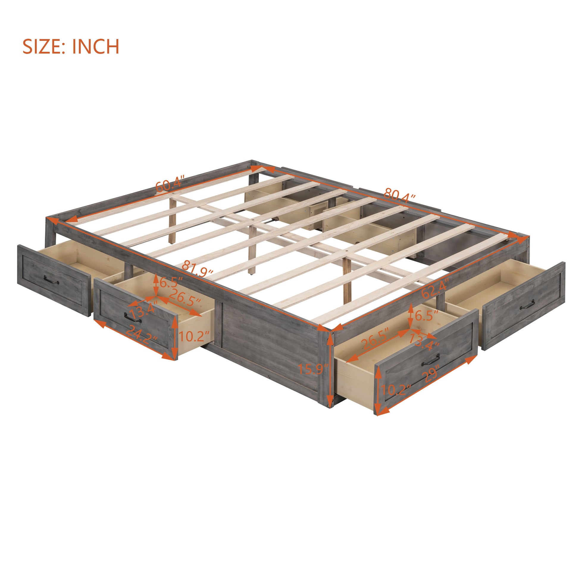 Queen Size Platform Bed With 6 Storage Drawers,Antique Gray Antique Gray Mdf Lvl