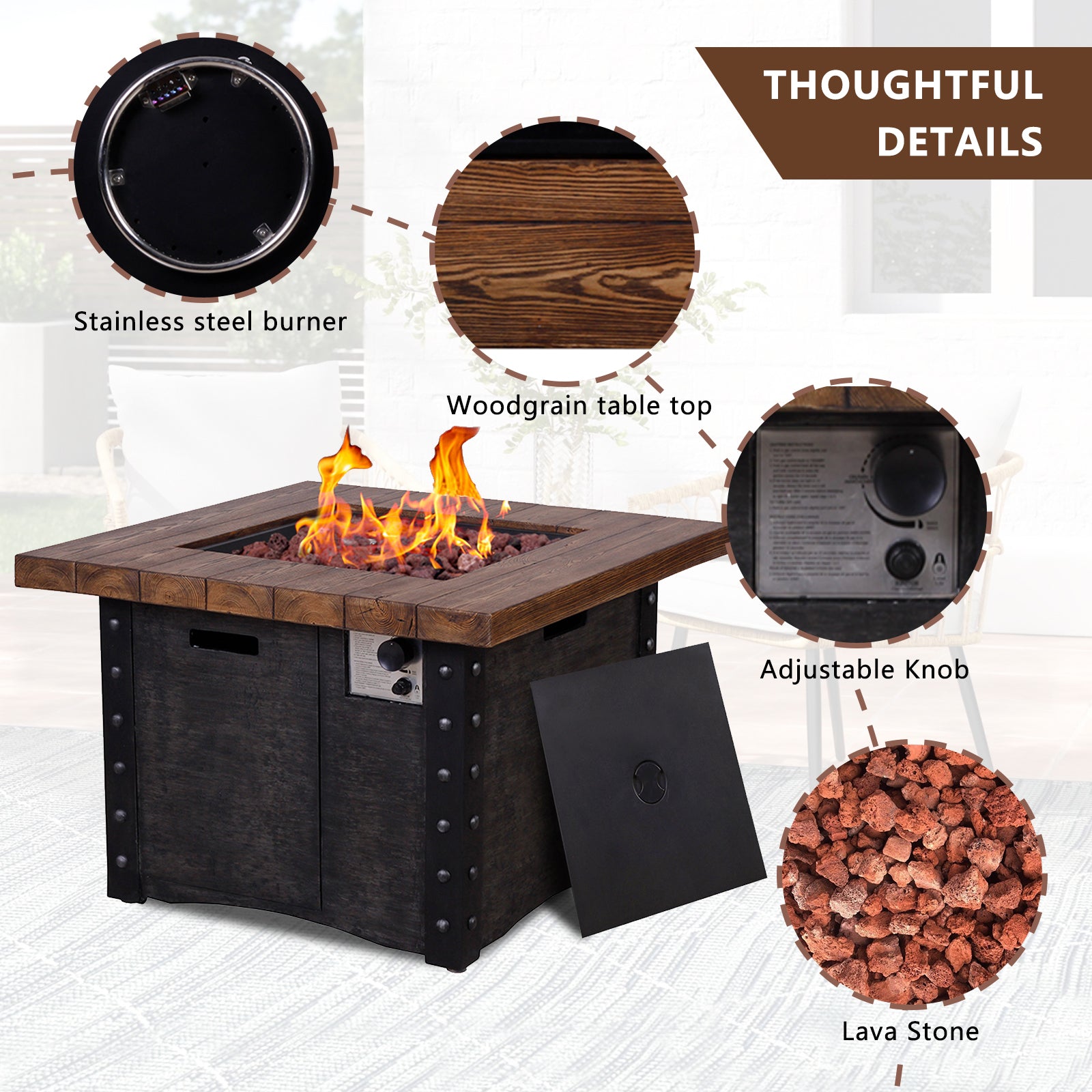 Good Product 50,000 Btu Outdoor Gas Fire Tablefaux Woodgraine Table Top Fire Pit Black Garden & Outdoor American Design Magnesium Oxide