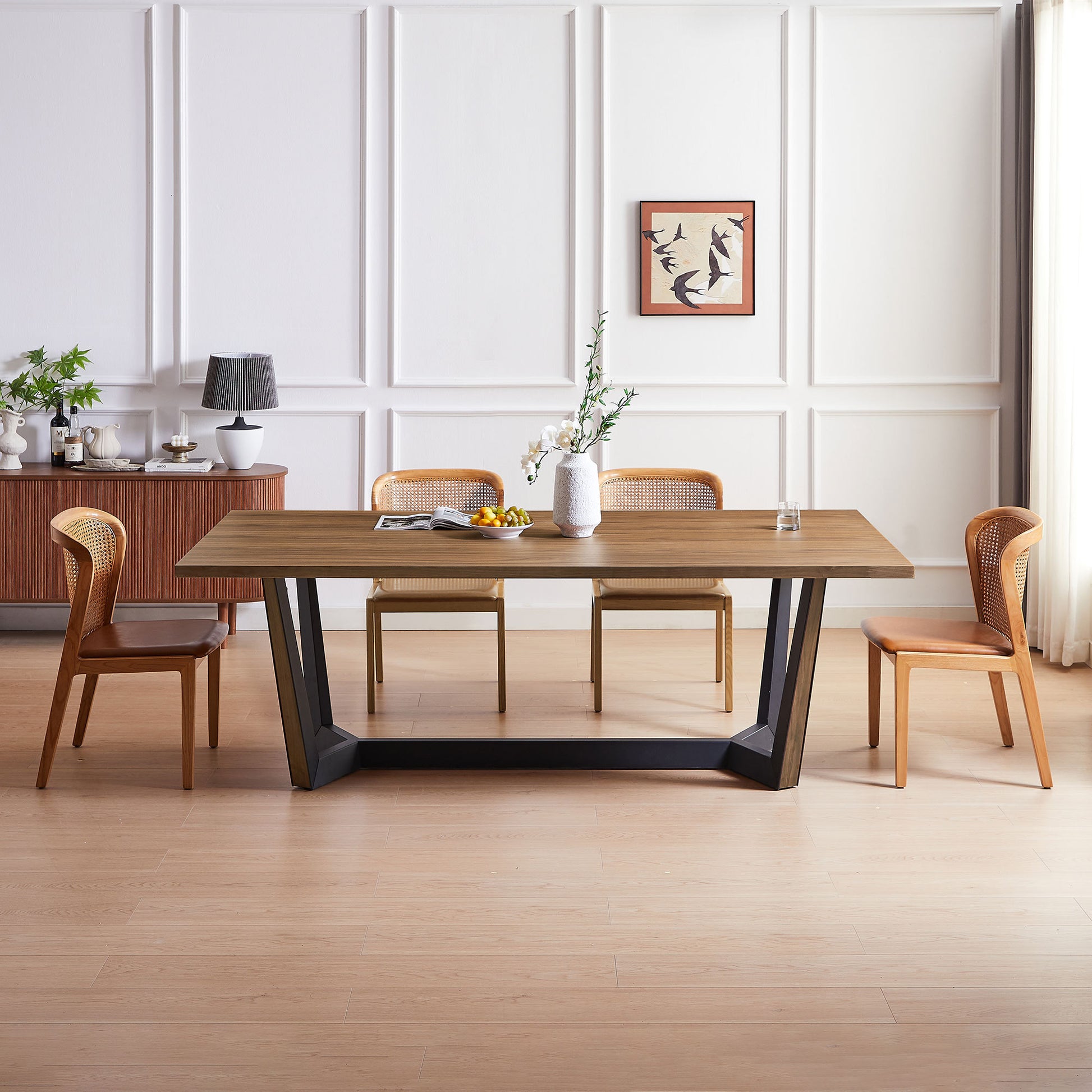 86.61" Dining Table Mid Century Modern Rectangle Mdf Kitchen Table For Dining Room Balcony Cafe Bar Conference.Walnut. Walnut Foam Mdf Steel