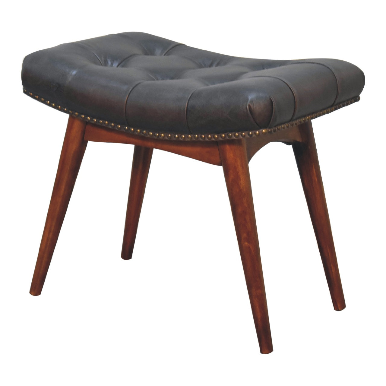 Harbour Black Footstool Chestnut Leather Wood