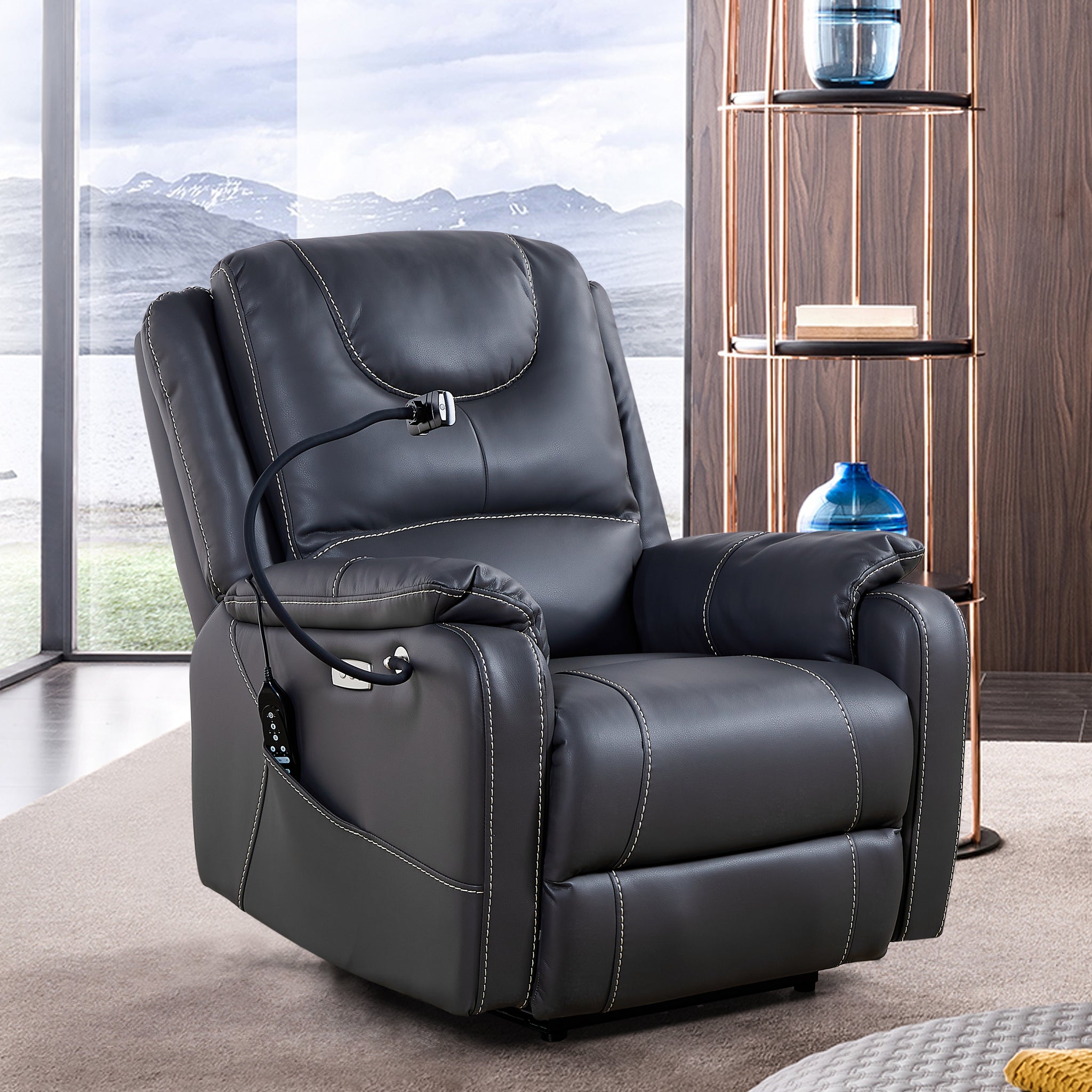 Liyasi Zero Gravity Power Recliner With Comfortable Lying Degree, Massage, Heating And Phone Holder, Side Pockets, Usb Charge Ports, Enjoy Extreme Relaxation Black Power Remote Primary Living Space Medium Soft Eucalyptus Foam Bonded Leather