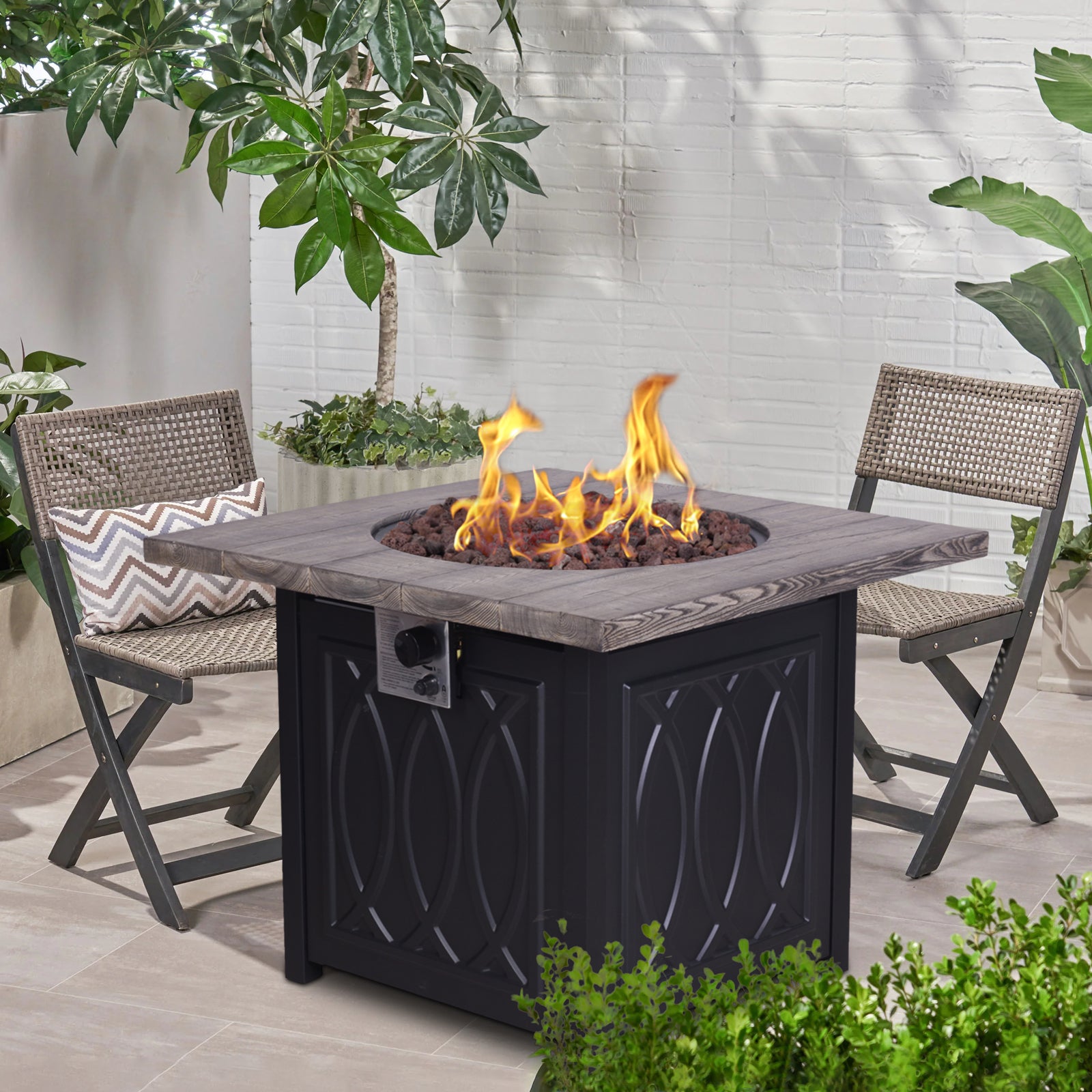 Faux Woodgrain Table Top And Steel Base Propane Outdoor Fire Pit Table With Lid Black Garden & Outdoor American Design Steel