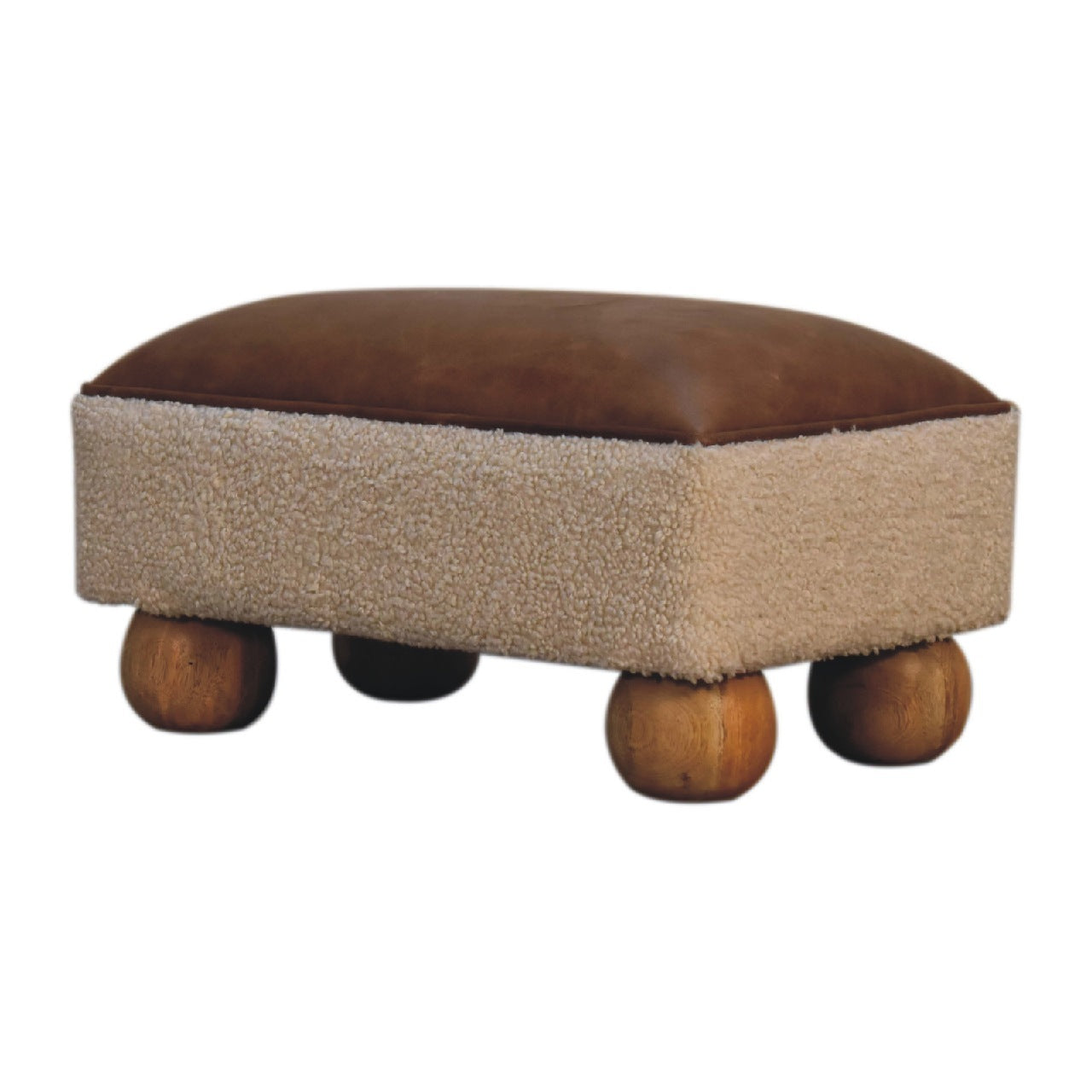 Tan Leather Boucle Ball Footstool Tan Leather Wood Fabric