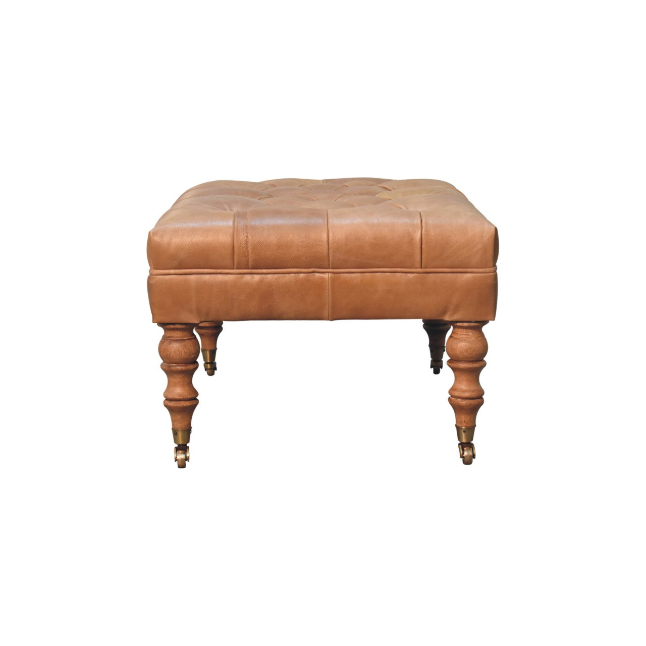 Buffalo Tan Leather Ottoman With Castor Legs Walnut Leather Solid Wood