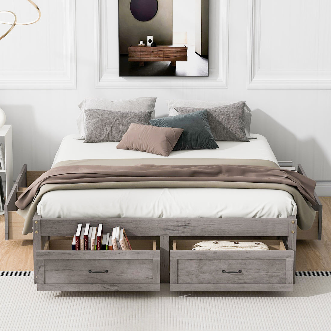 Queen Size Platform Bed With 6 Storage Drawers,Antique Gray Antique Gray Mdf Lvl