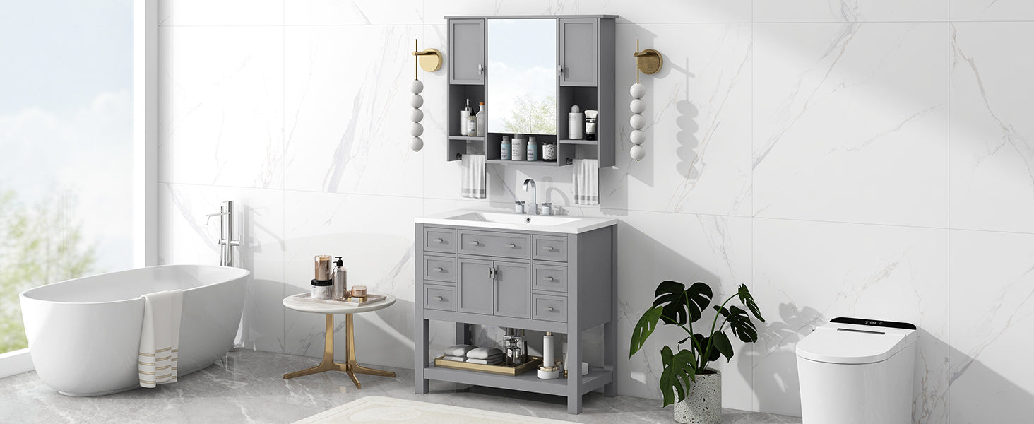 36'' Bathroom Vanity With Top Sink, Modern Mirror Cabinet With Towels Bar, Bathroom Storage Cabinet With 2 Soft Closing Doors And 6 Drawers, Single Sink Bathroom Vanity 4 Grey 4 Bathroom Freestanding Solid Wood Mdf Resin