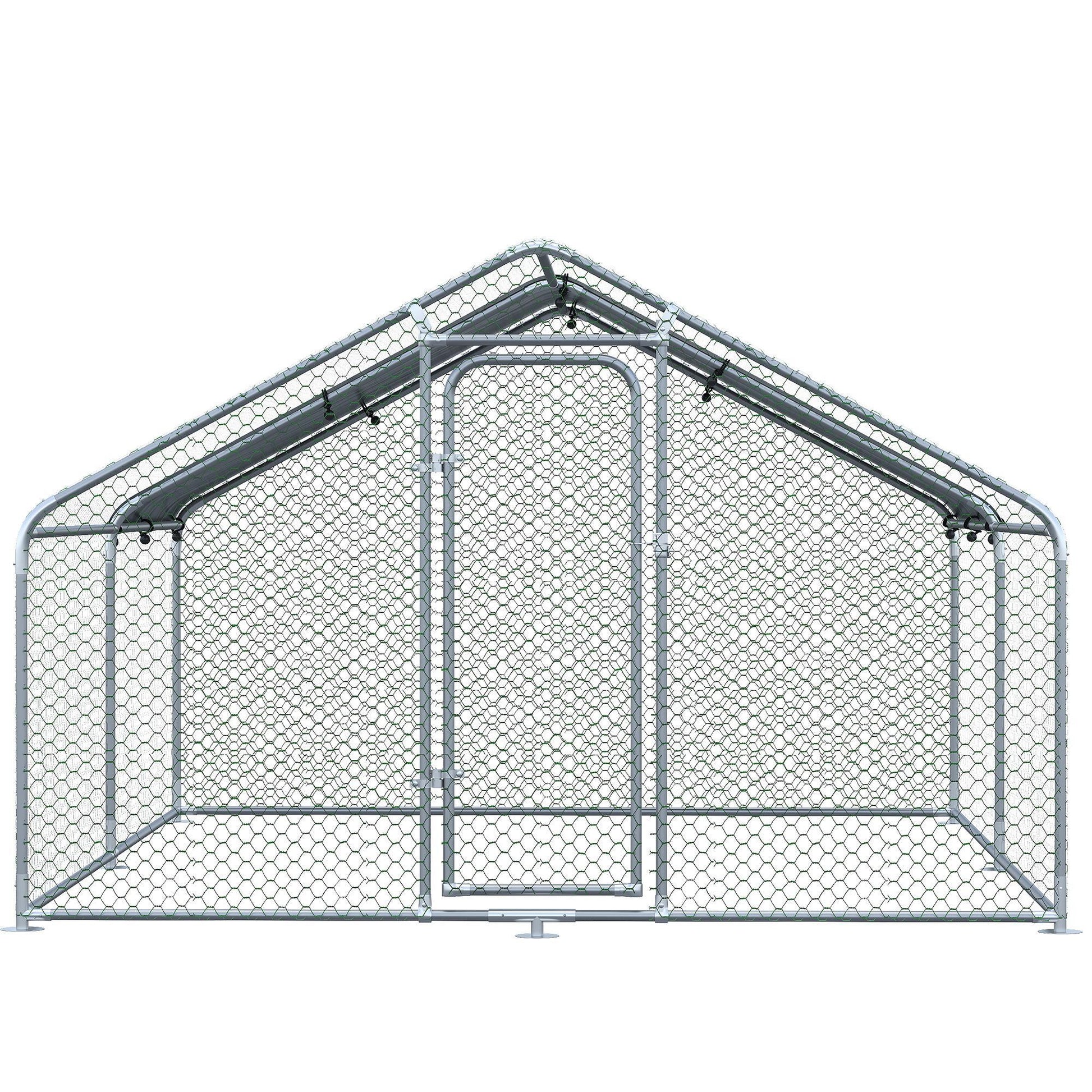 Pawhut Large Chicken Coop Metal Chicken Run With Waterproof And Anti U Cover, Spire Shaped Walk In Fence Cage Hen House For Outdoor And Yard Farm Use, 1.26" Tube Diameter, 9.8' X 13.1' X 6.4' Silver Steel