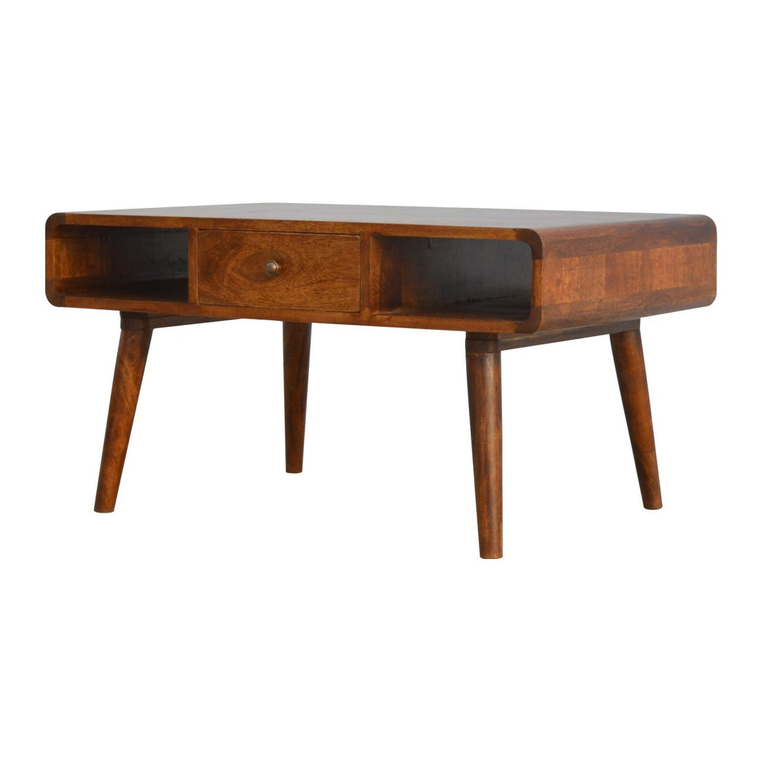 Solid Wood Curved Chestnut Coffee Table Chestnut Brown Primary Living Space Classic,Contemporary Freestanding Mango Shelves Coffee & End Tables Lacquered Rectangular Wood Solid Wood