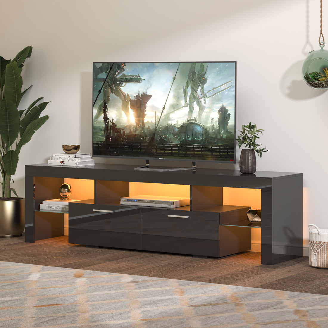 Fashiontvstandtvcabinet,Entertainmentcenter,Tvstationtv Console,Media Console,With Ledlight Belt,Light Belt Remote Control,Toughenedglassshelf,Metal Handle,Canbeplaced In The Living Room,Bedroom,Black Black Primary Living Space 60 69 Inches 60 69 Inches