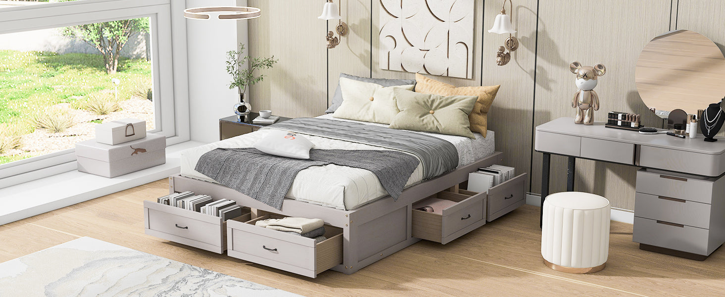 Queen Size Platform Bed With 6 Storage Drawers,Antique White Antique White Mdf Lvl