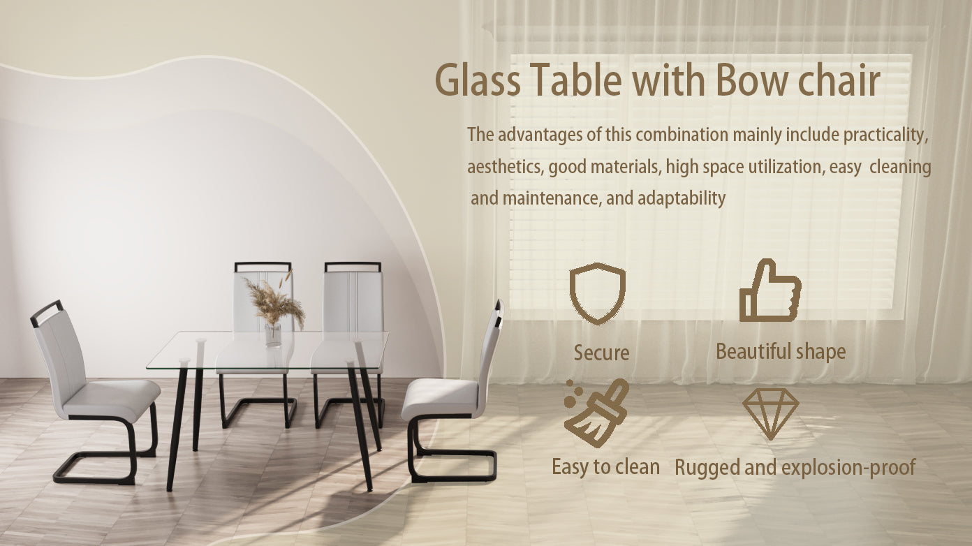 51 Inch Glass Dining Table Set For 4, Dining Table & Chair Sets With Black Metal Legs For Kitchen, Modern Rectangle Tempered Glass Table Top And Pu Dining Armless Chair For Dining Room Transparent Glass