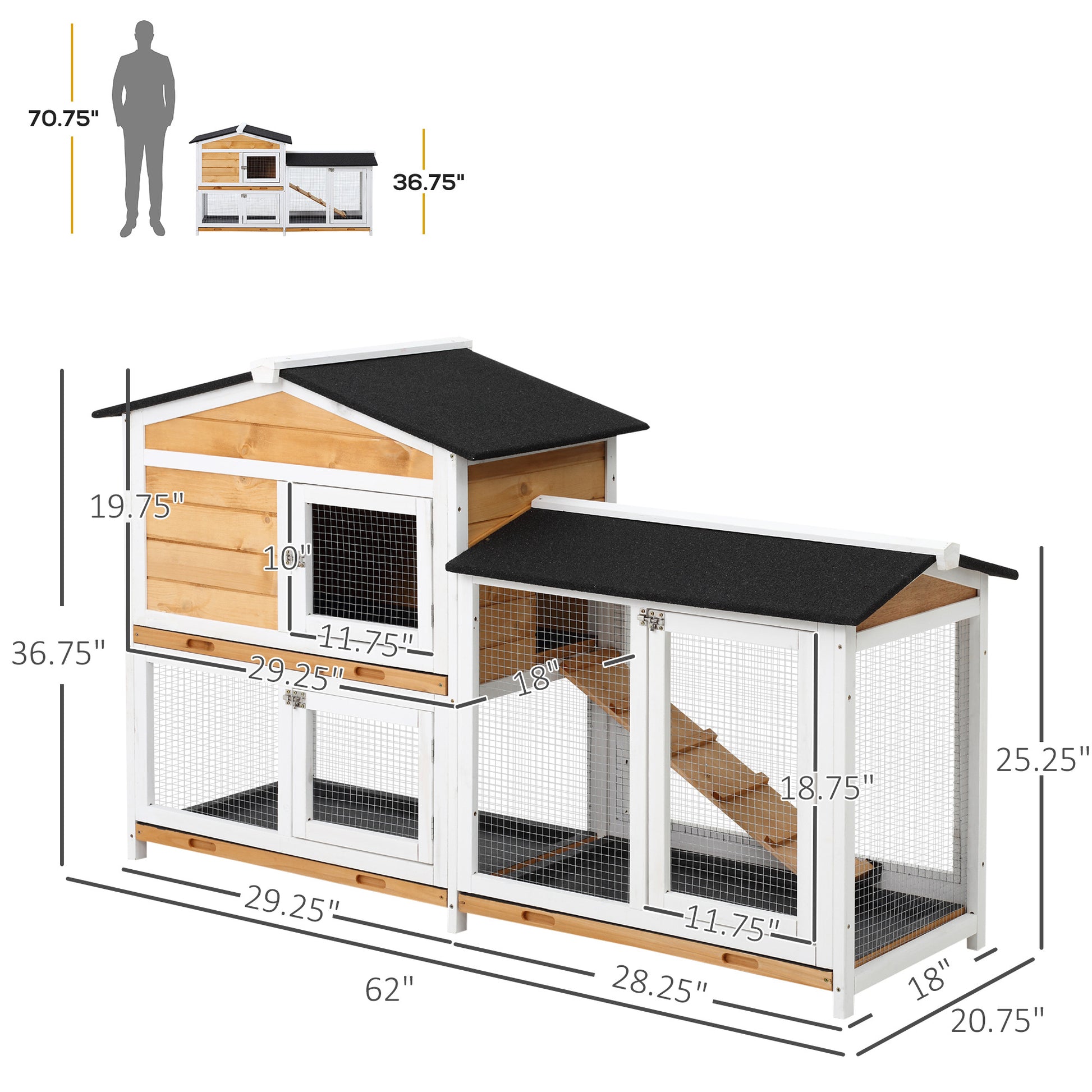 Pawhut 2 Story Rabbit Hutch Wooden Bunny Hutch Cage Small Animal House With Ramp, No Leak Tray, Weatherproof Roof And Outdoor Run, Indoor Outdoor, Yellow Yellow Wood