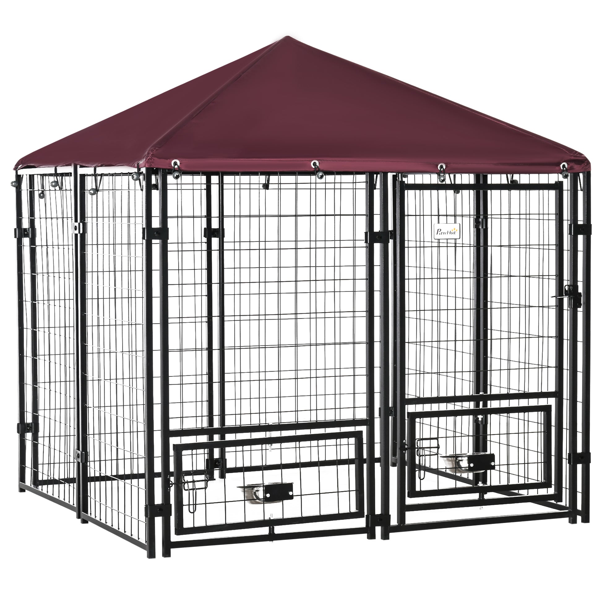 Pawhut 5' X 5' X 5' Dog Kennel Outdoor With Rotating Bowl Holders, Walk In Pet Playpen, Welded Wire Steel Dog Fence With Water And Uv Resistant Canopy, Black And Red Red Steel