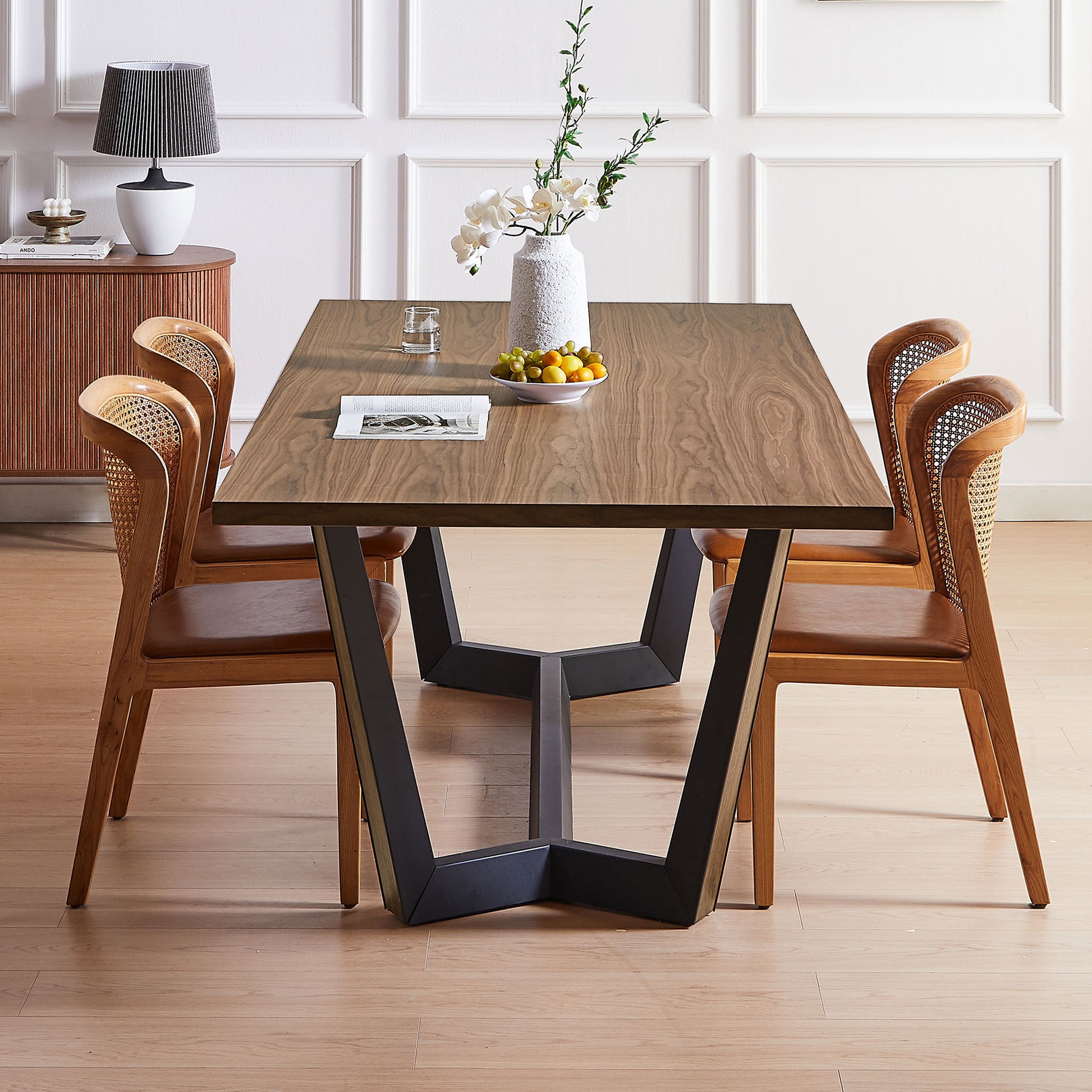 86.61" Dining Table Mid Century Modern Rectangle Mdf Kitchen Table For Dining Room Balcony Cafe Bar Conference.Walnut. Walnut Foam Mdf Steel