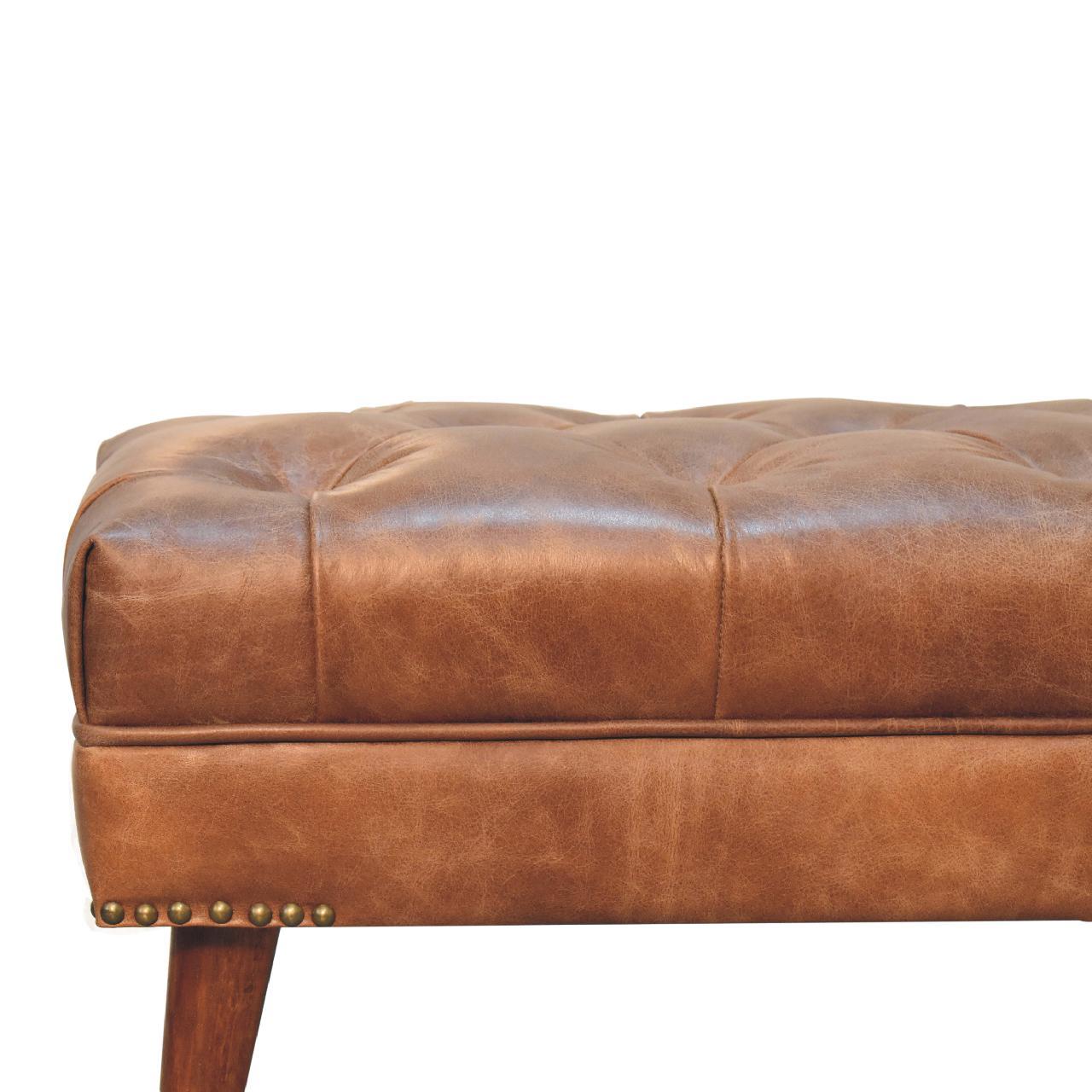 Harbour Brown Leather Bench Chestnut Leather Solid Wood