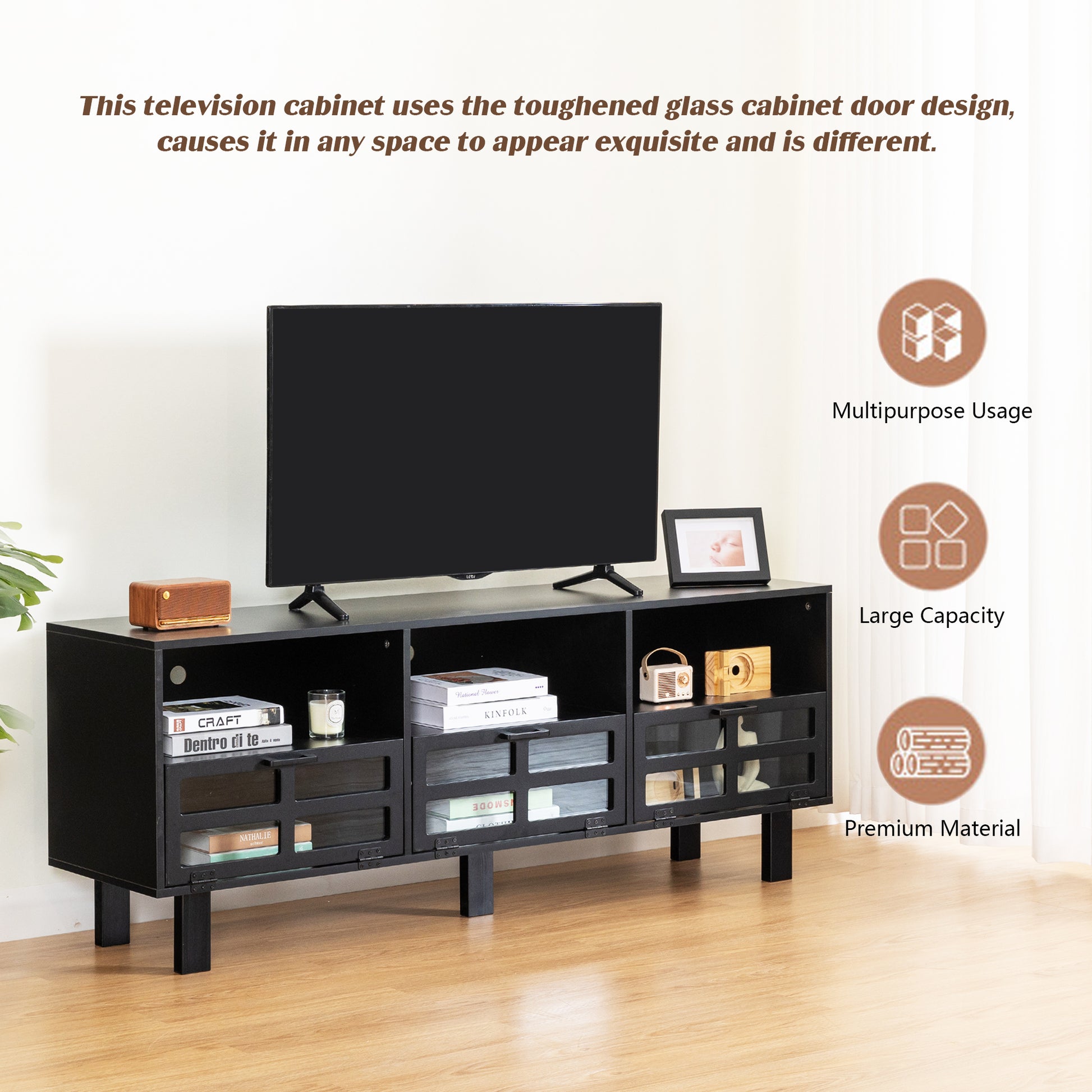 Tv Stand,Tv Cabinet,American Country Style Tv Lockers,The Toughened Glass Door Panel,Metal Handles,Birch Legs,Turn Down The Drawer,Can Be Placed In Lounge Room,Living Room Or Bedroom,Color:Black Black Primary Living Space 60 69 Inches 60 69 Inches