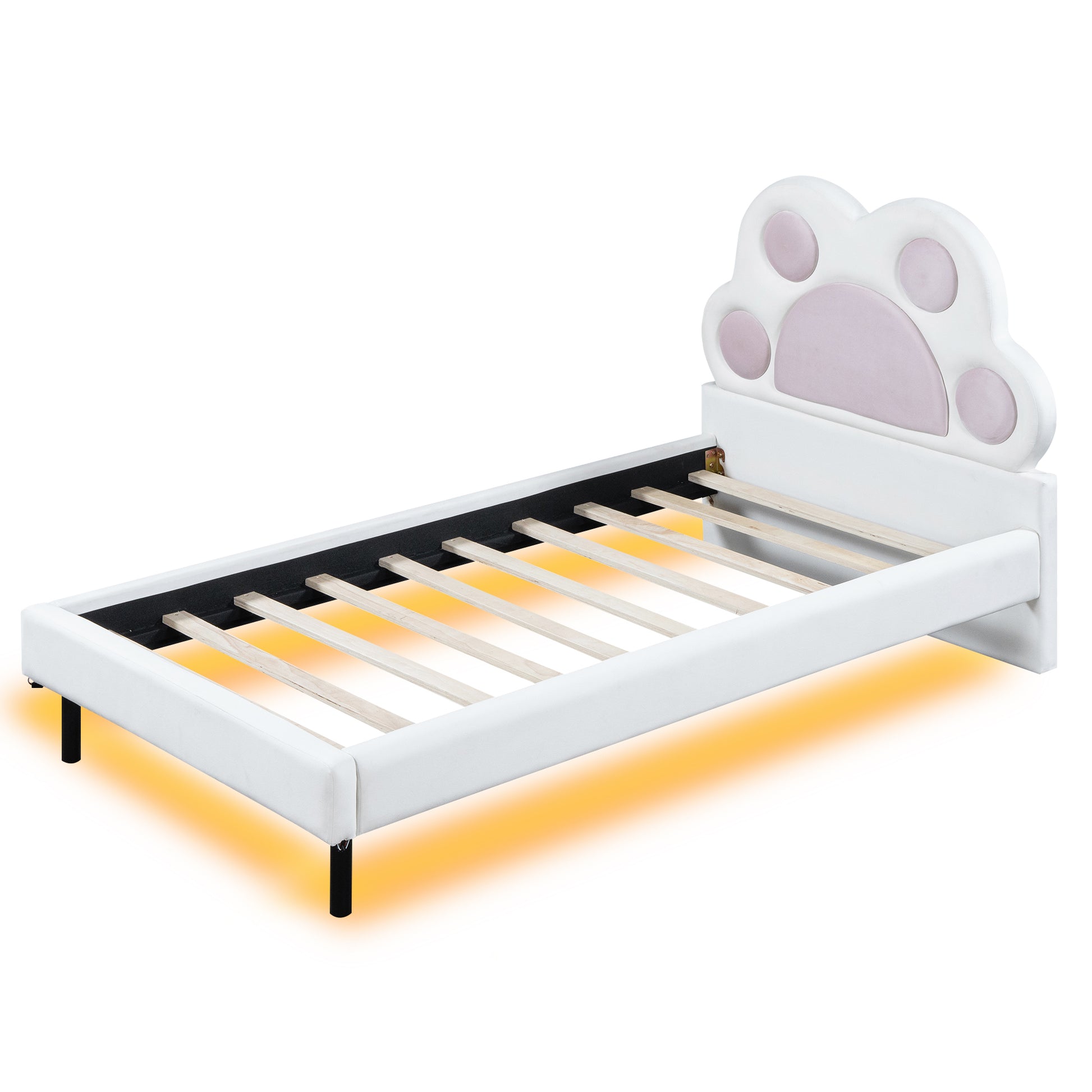 Twin Size Upholstered Platform Bed With Animal Paw Shaped Headboard And Led, Pink Box Spring Not Required Twin White Pink Wood Bedroom Solid Wood Mdf