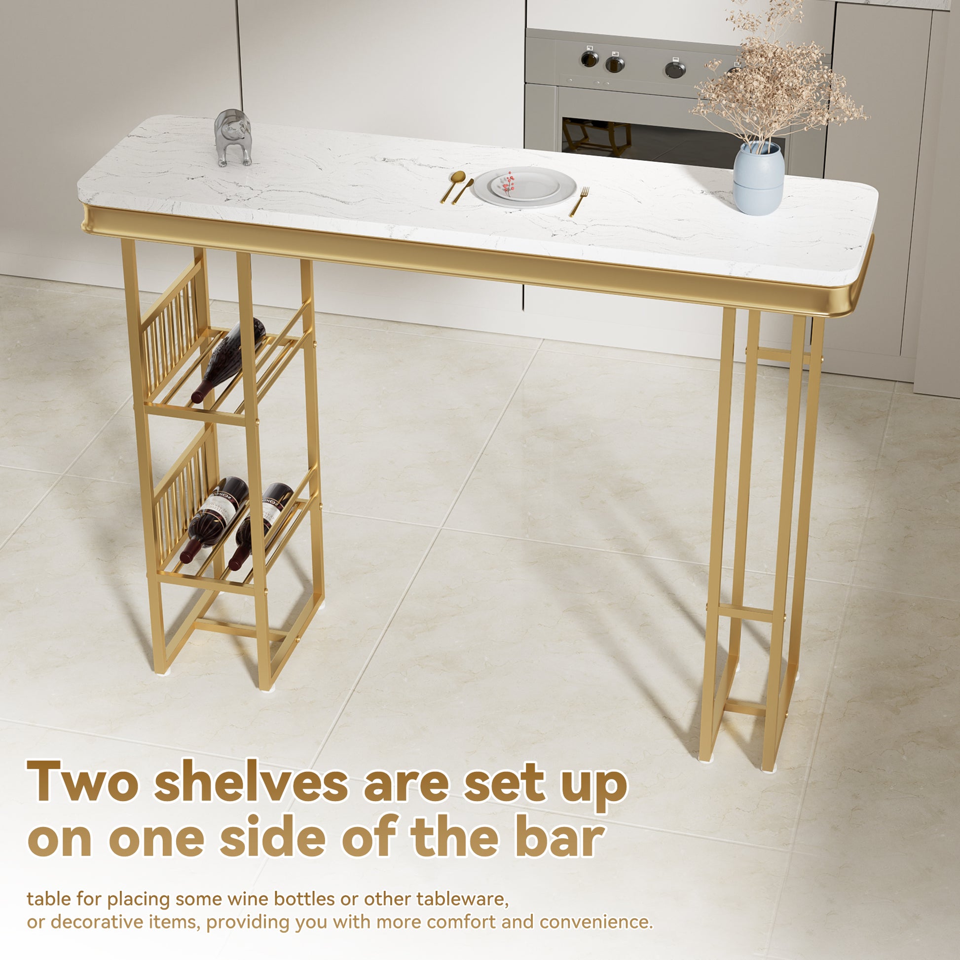 55.1" Modern Straight Bar Table With Shelves In White & Gold White Gold Dining Room Contemporary Floor Mount Rectangular Kitchen & Dining Tables Glossy Rectangular Mdf Metal