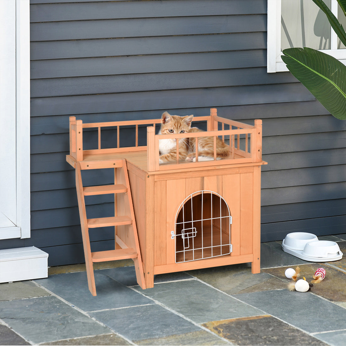 Pawhut 2 Level Wooden Cat House, Outdoor Dog Shelter Cat Condo With Lockable Wire Door And Balcony, Natural Wood Natural Wood