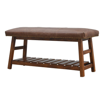 Solid Wood Buffalo Hide Hallway Bench Brown Brown Leather Primary Living Space Brown Classic,Contemporary Mango Wood Solid Wood