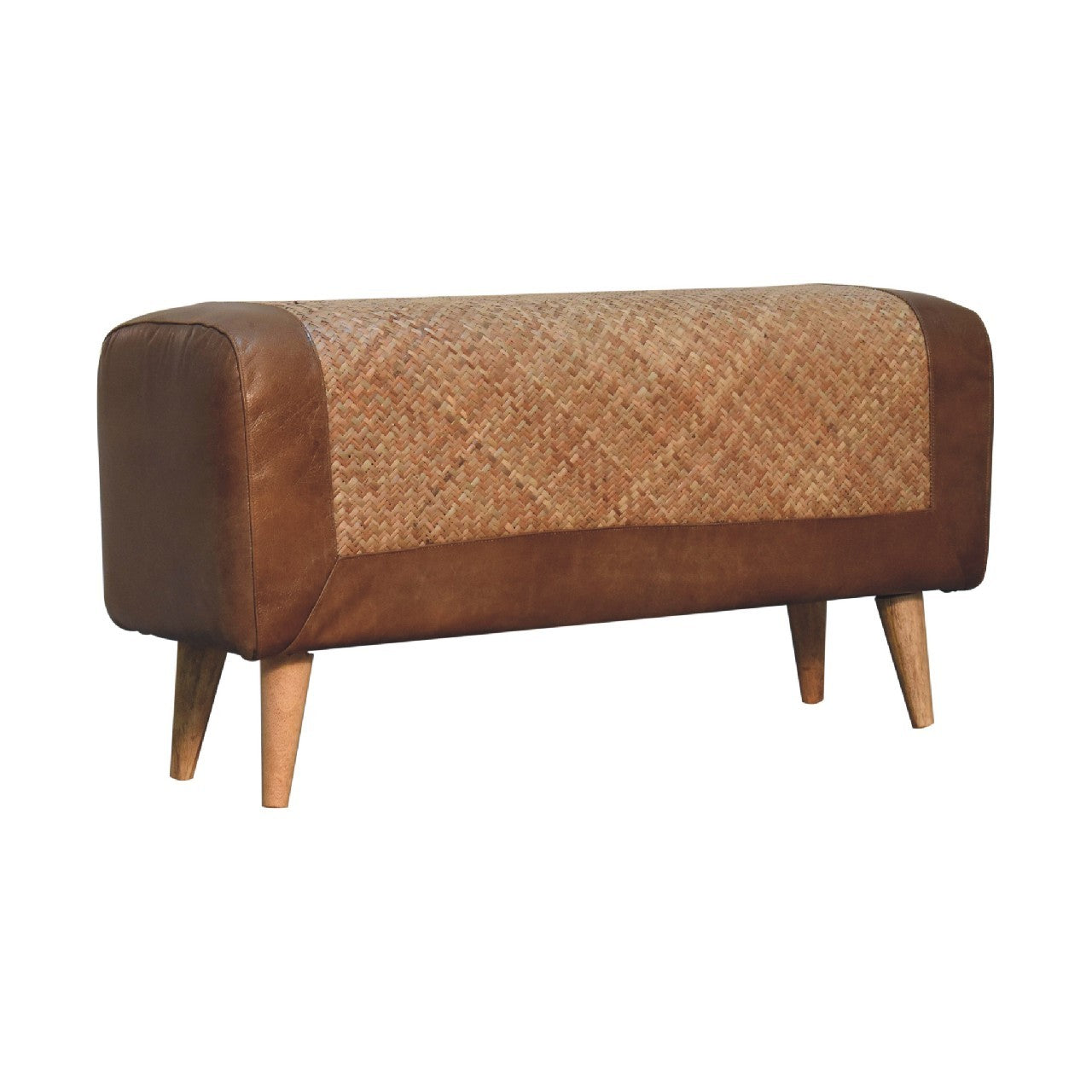 Large Seagrass Buffalo Hide Nordic Bench Oak Leather Solid Wood