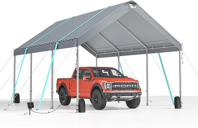 Sannwsg 10 * 20 Heavy Duty Carport Canopy Extra Large Portable Car Tent Garage With Adjustable Peak Height From 9.5Ft To 11Ft,Removable Roof &Side Walls For Car, Suv,Boats Gray Rectangular None Garden & Outdoor Water Resistant Carports Metal