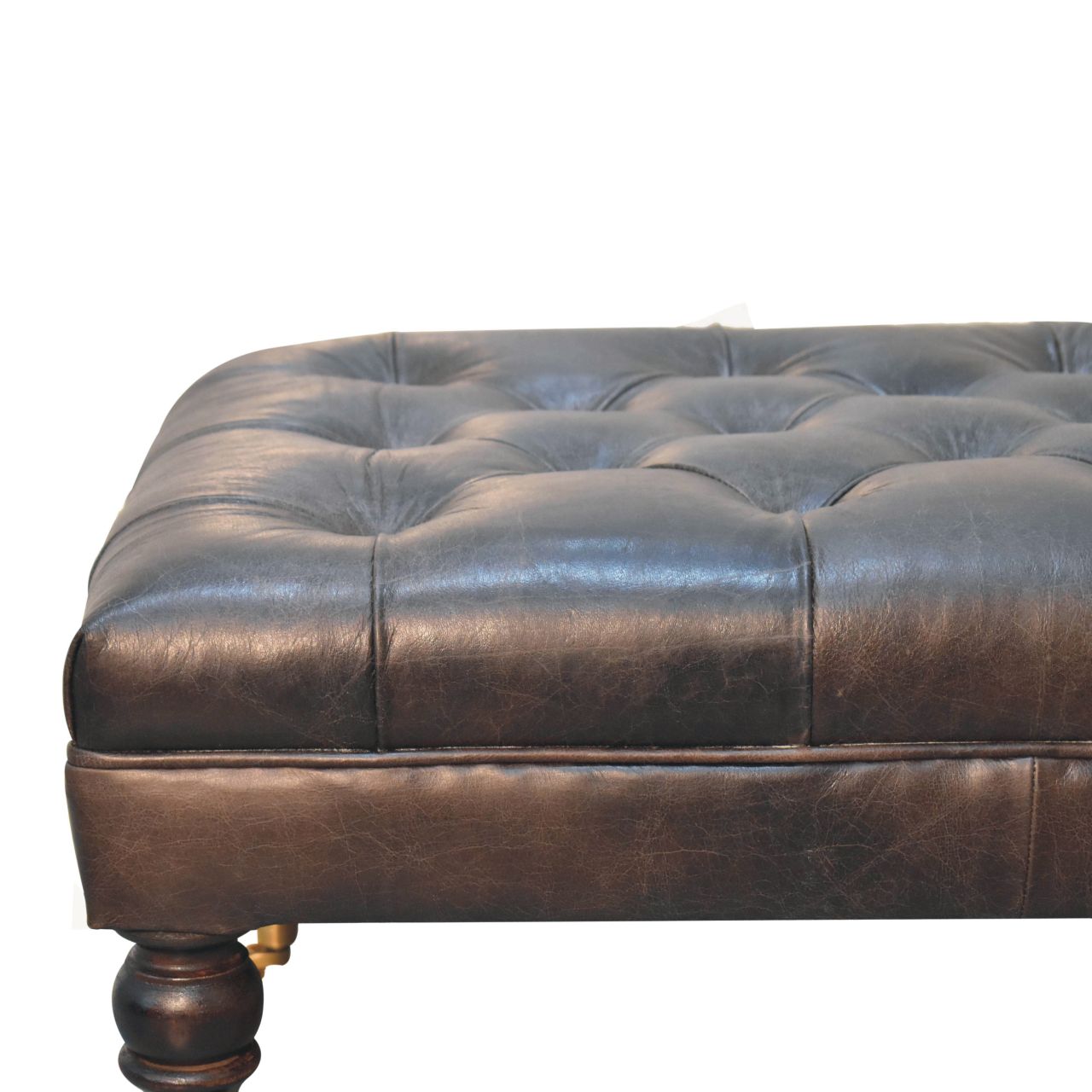 Buffalo Ash Black Leather Ottoman With Castor Legs Black Leather Solid Wood