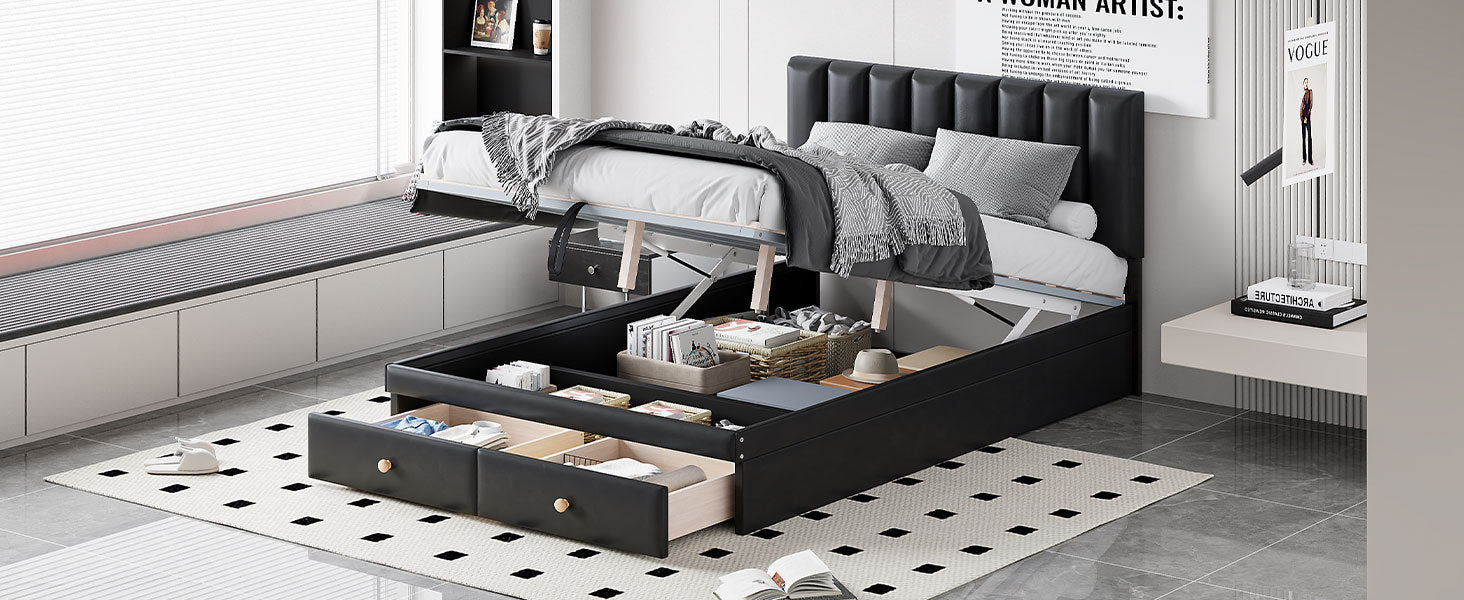 Full Size Upholstered Bed With Hydraulic Storage System And Drawer, Black Black Pu Leather