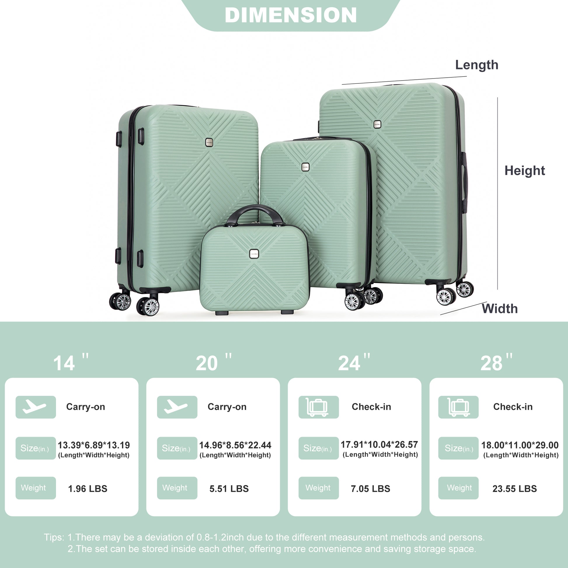 4 Piece Abs Lightweight Suitcase, 14 Inch Makeup Box, Aircraft Wheels 14 20 24 28 Olive Green Olive Green Abs