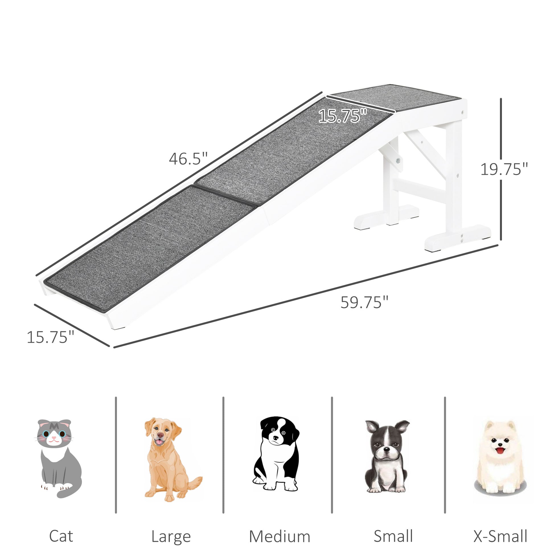 Pawhut Dog Ramp For Bed, Pet Ramp For Dogs With Non Slip Carpet And Top Platform, 60" X 16" X 20", White White Wood