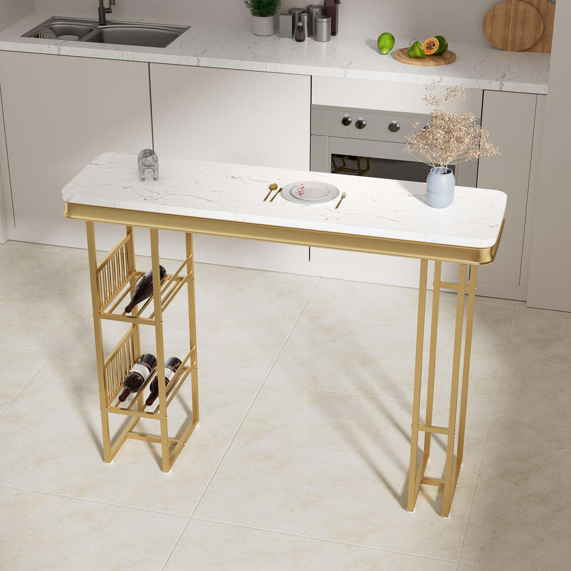 55.1" Modern Straight Bar Table With Shelves In White & Gold White Gold Dining Room Contemporary Floor Mount Rectangular Kitchen & Dining Tables Glossy Rectangular Mdf Metal