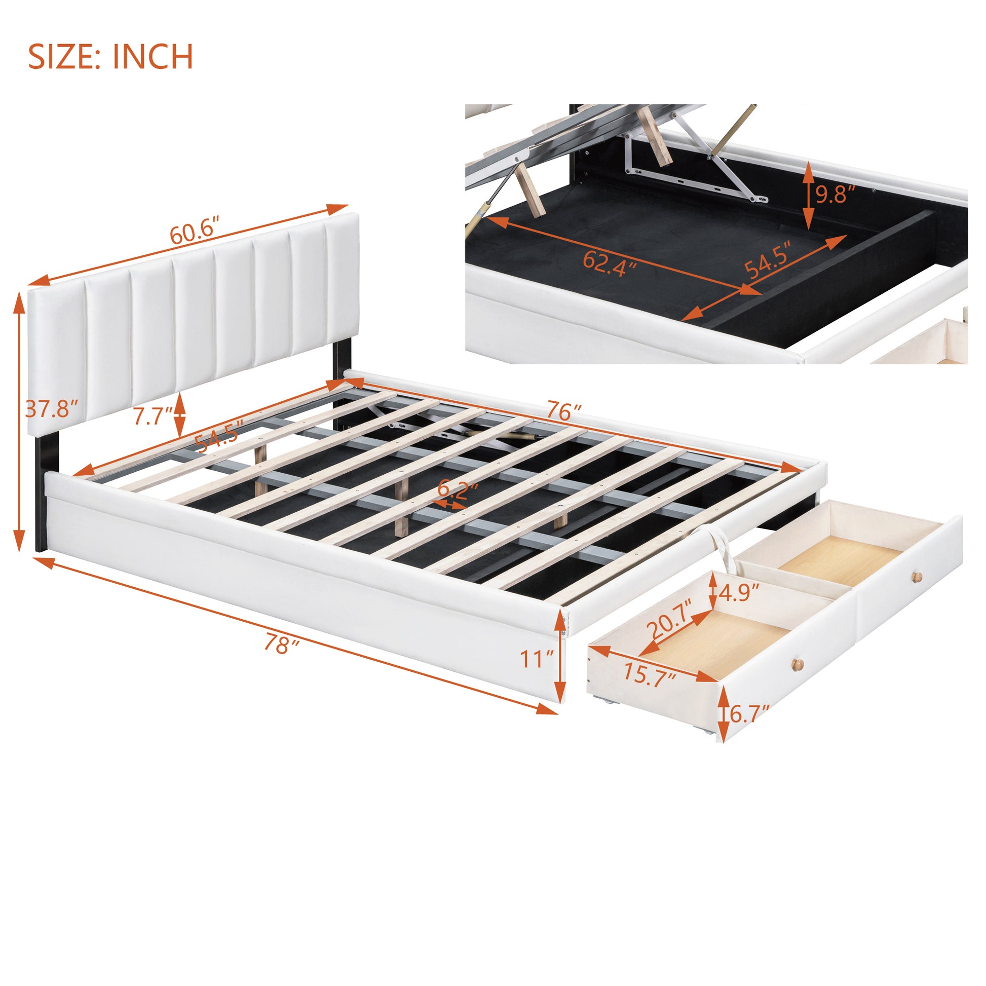 Full Size Upholstered Bed With Hydraulic Storage System And Drawer, White White Pu Leather