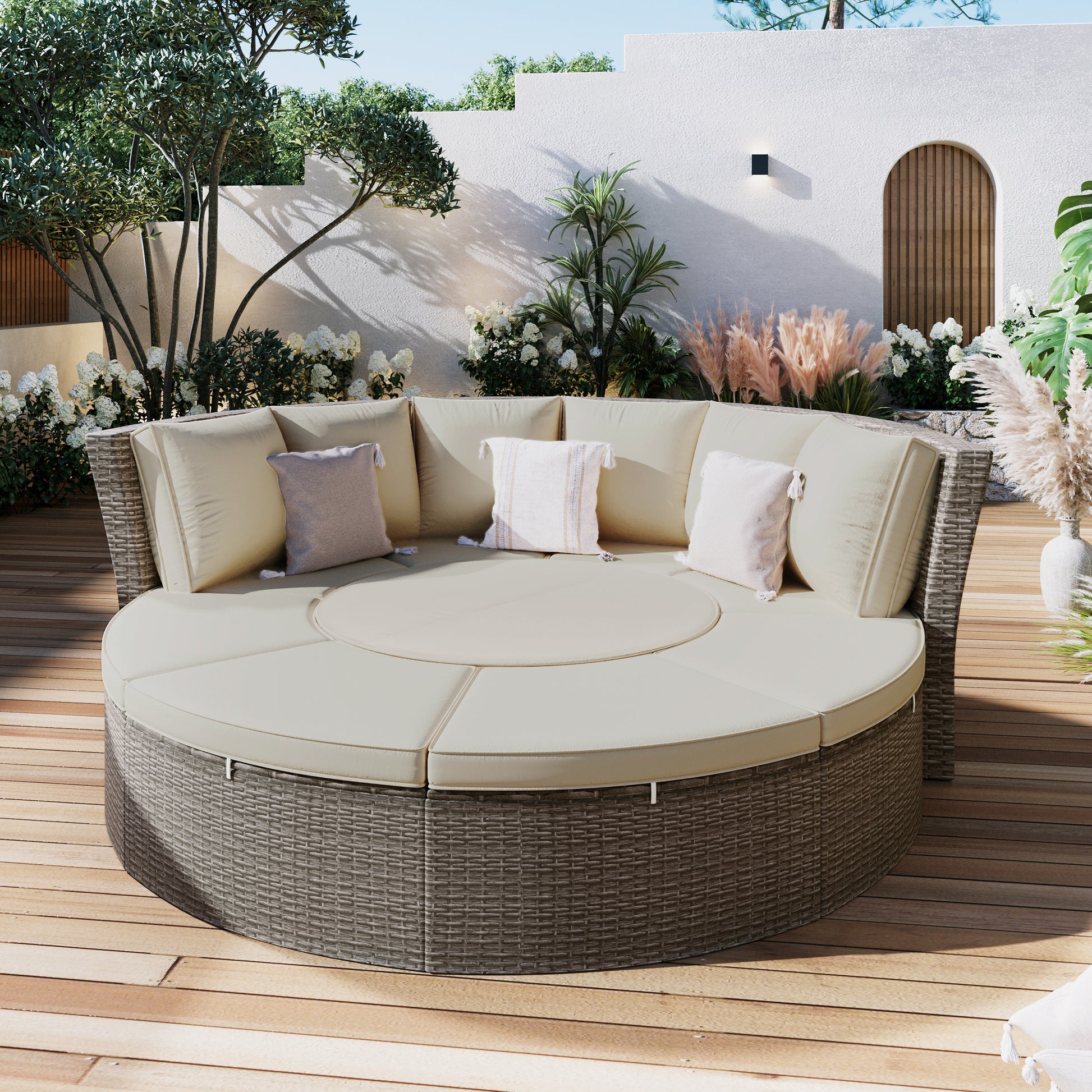 Patio 5 Piece Round Rattan Sectional Sofa Set All Weather Pe Wicker Sunbed Daybed With Round Liftable Table And Washable Cushions For Outdoor Backyard Poolside, Gray Yes Deep Seating Gray Water Resistant Frame Water Resistant Cushion Garden & Outdoor