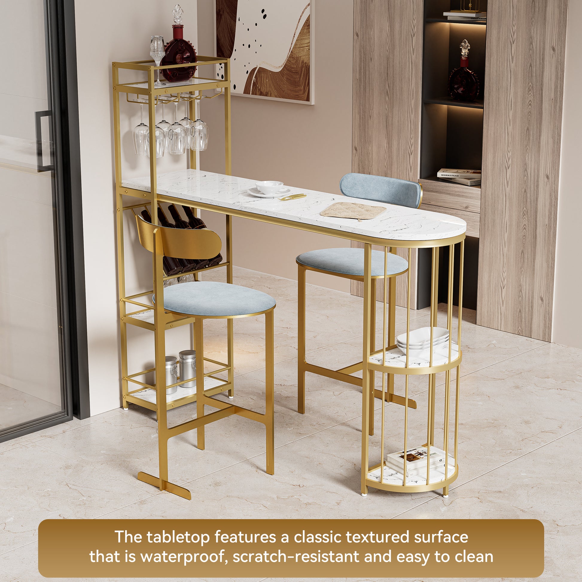 63" Modern White Kitchen Bar Height Dining Table Wood Breakfast Pub Table With Gold Base With Shelves, Glass Rack, Wine Bottle Rack White Gold Dining Room Contemporary Floor Mount Rectangular Kitchen & Dining Tables Glossy Rectangular Mdf Metal
