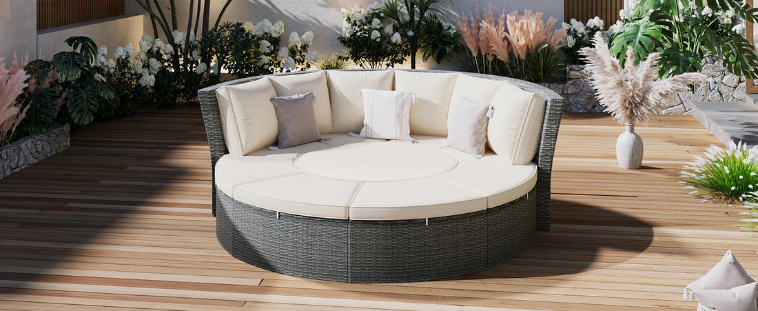 Patio 5 Piece Round Rattan Sectional Sofa Set All Weather Pe Wicker Sunbed Daybed With Round Liftable Table And Washable Cushions For Outdoor Backyard Poolside, Beige Yes Deep Seating Beige Water Resistant Frame Water Resistant Cushion Garden & Outdoor