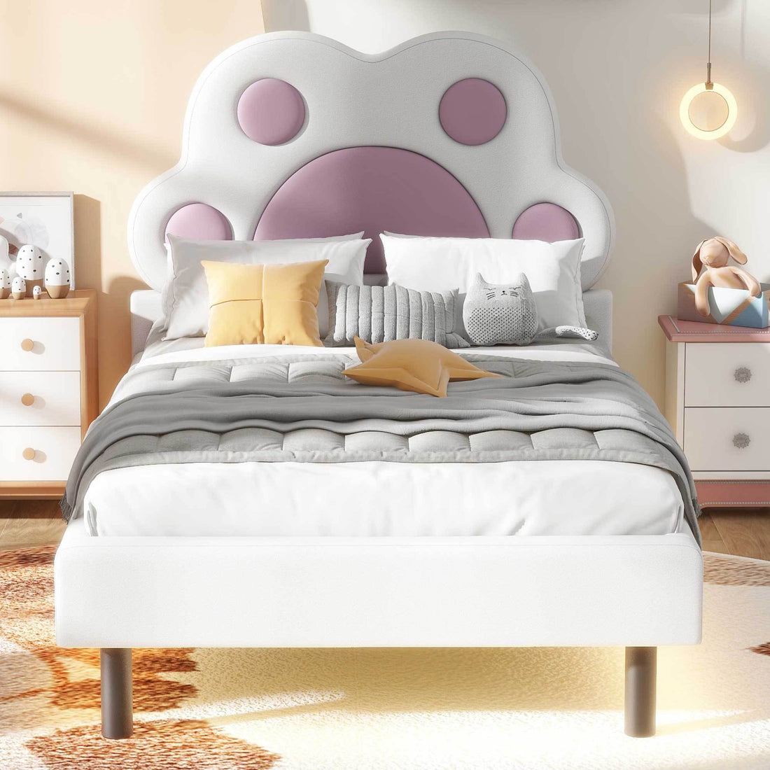 Twin Size Upholstered Platform Bed With Animal Paw Shaped Headboard And Led, Pink Box Spring Not Required Twin White Pink Wood Bedroom Solid Wood Mdf