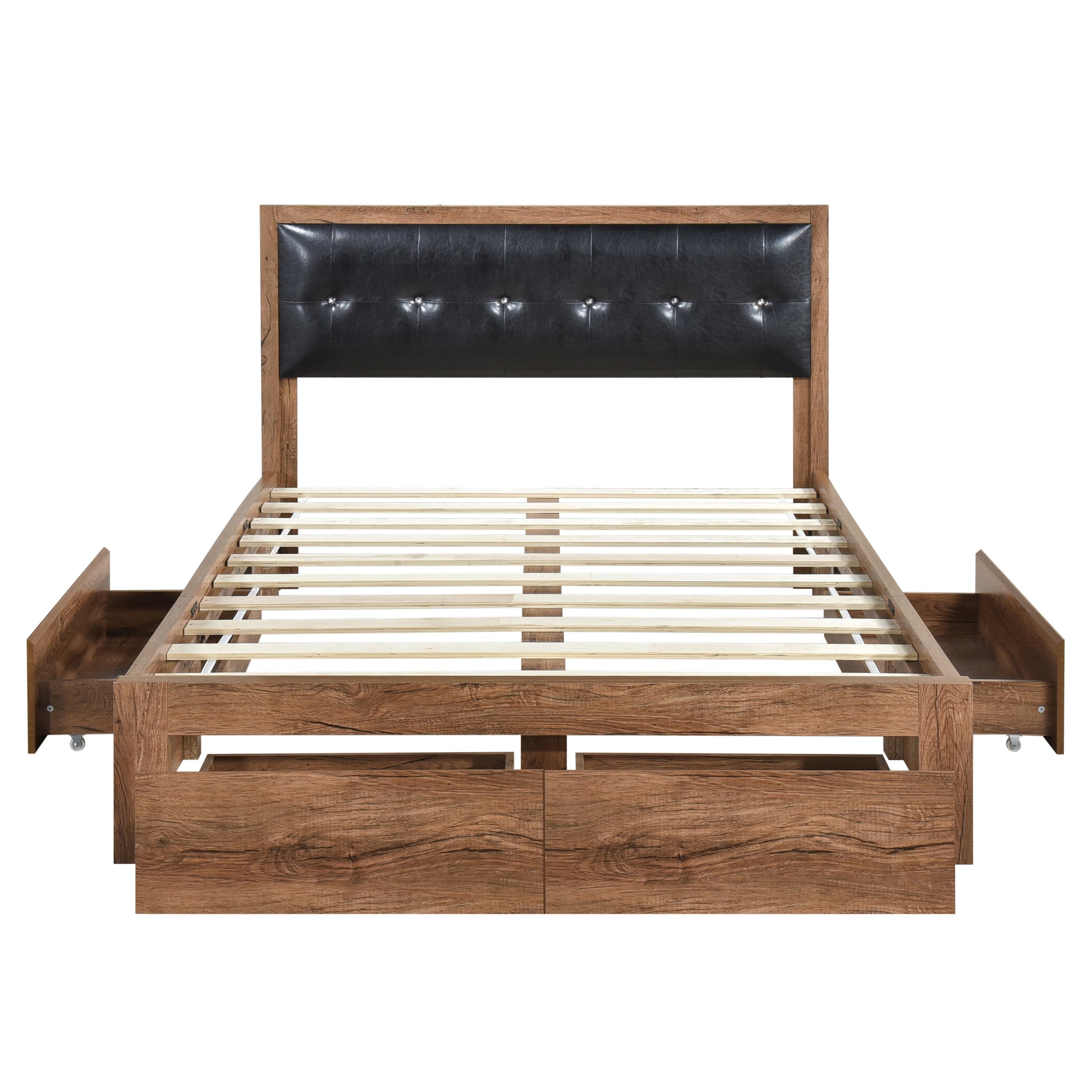 Queen Size Wood Platform Bed With Upholstered Headboard And 4 Drawers Box Spring Not Required Queen Walnut Wood Bedroom Bed Frame Faux Leather Solid Wood Mdf