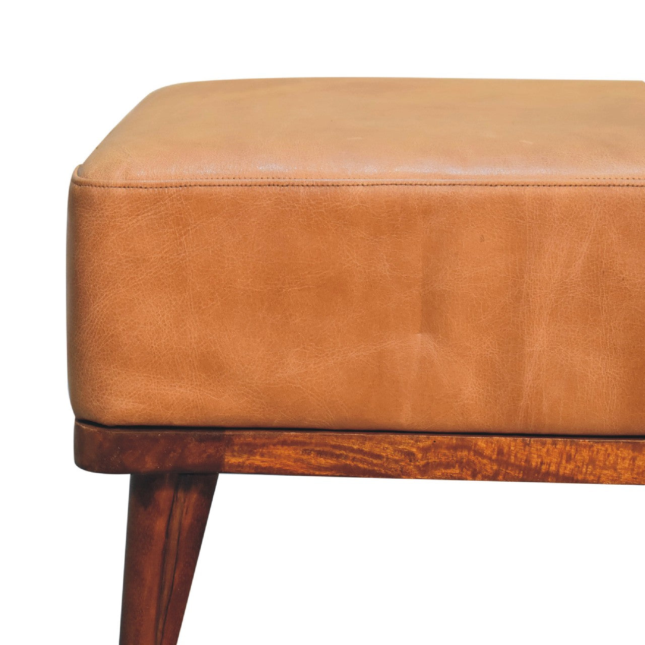 Tan Buffalo Leather Tan Footstool Chestnut Leather Wood