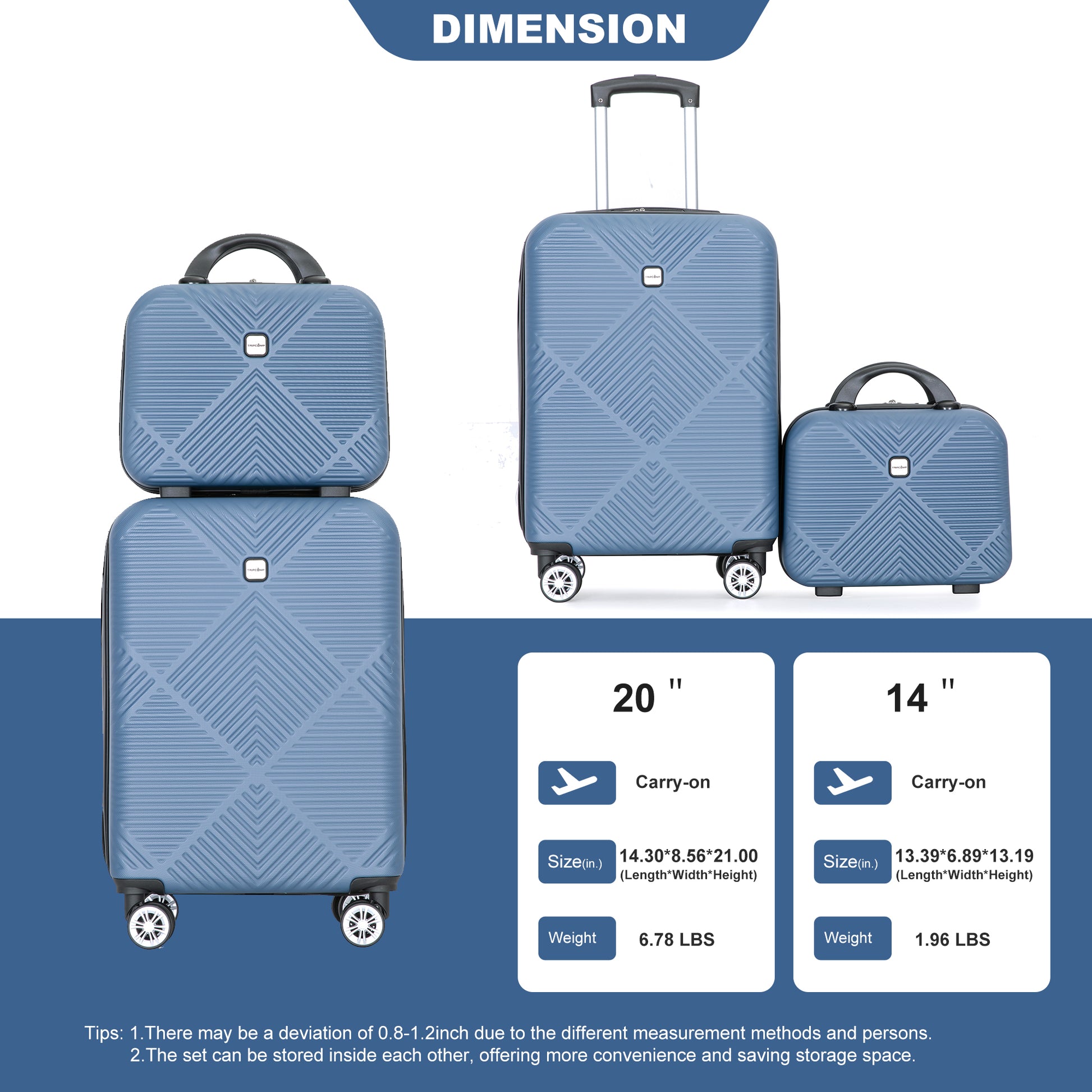 2Piece Luggage Sets Abs Lightweight Suitcasespinner Wheels, 20 14 Blue Blue Abs