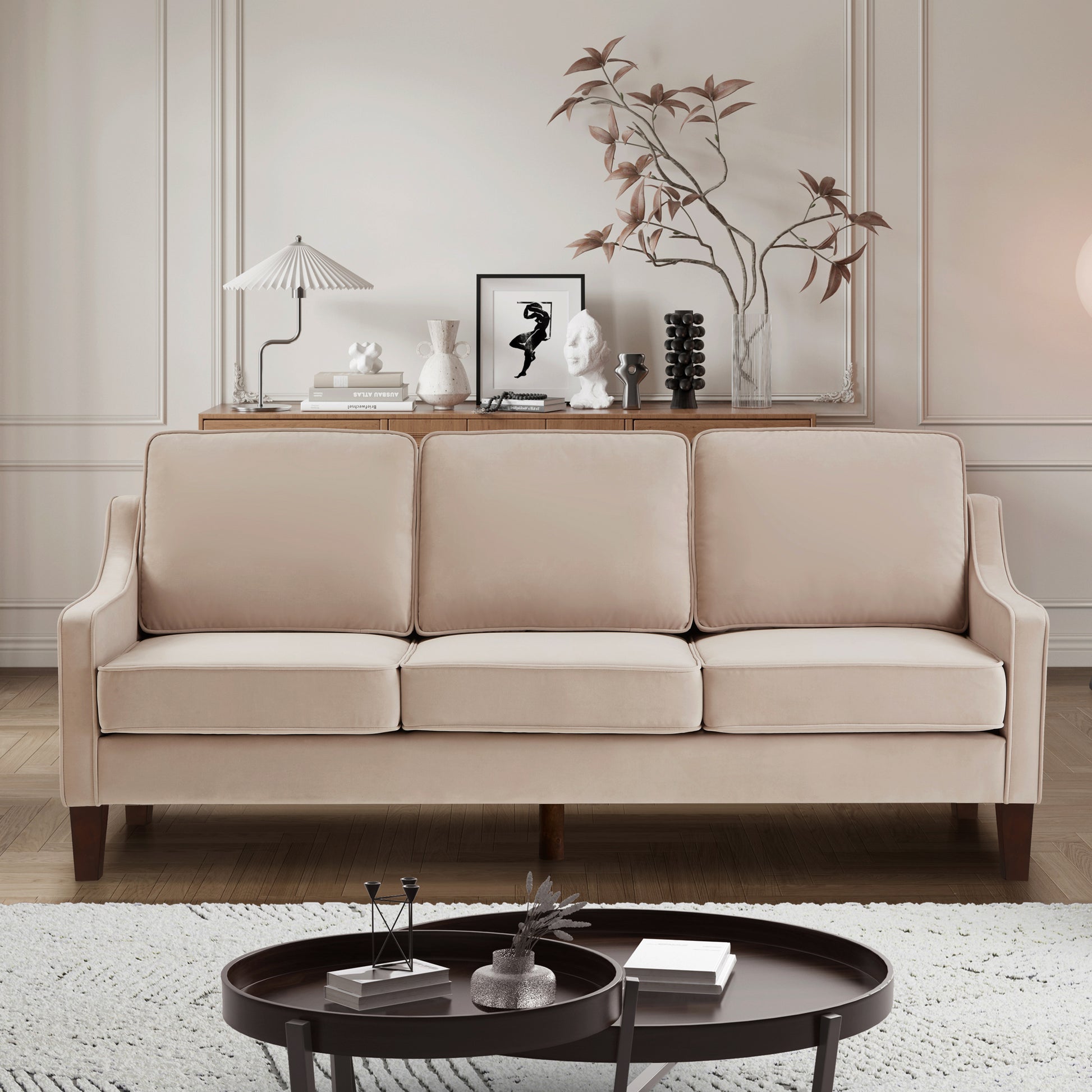 Modern 3 Person Seat Sofa Couch With Scooped Armrest Wood Legs,Upholstered Velvet 3 Seat Sofa With Removable Cushions For Livingroom Bedroom,Taupe Taupe Espresso Velvet Wood Primary Living Space Medium Soft Cushion Back American Design Rubberwood Square