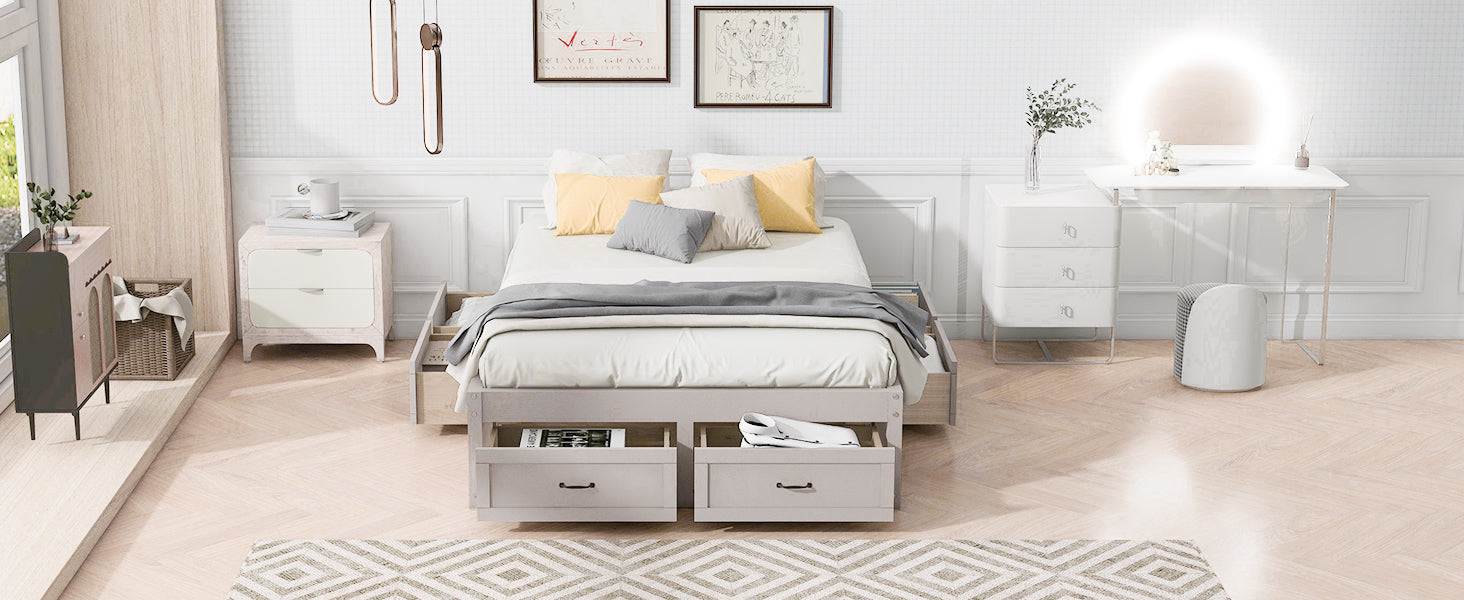 Full Size Platform Bed With 6 Storage Drawers,Antique White Antique White Mdf Lvl