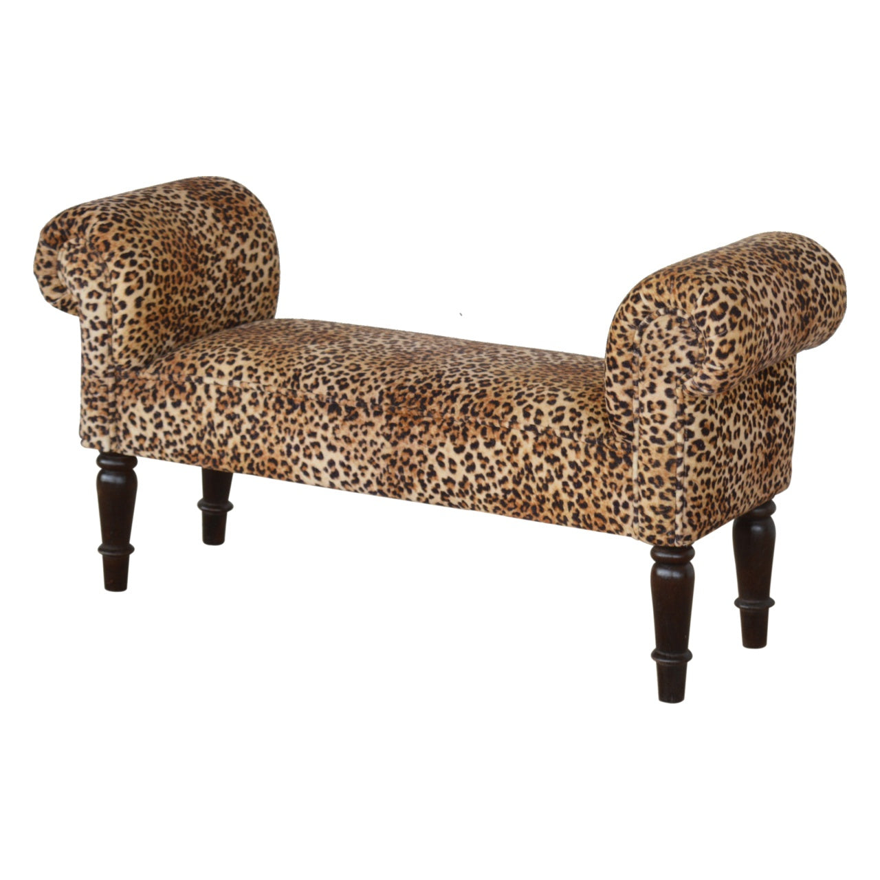 Leopard Print Velvet Bench Walnut Wood Fabric