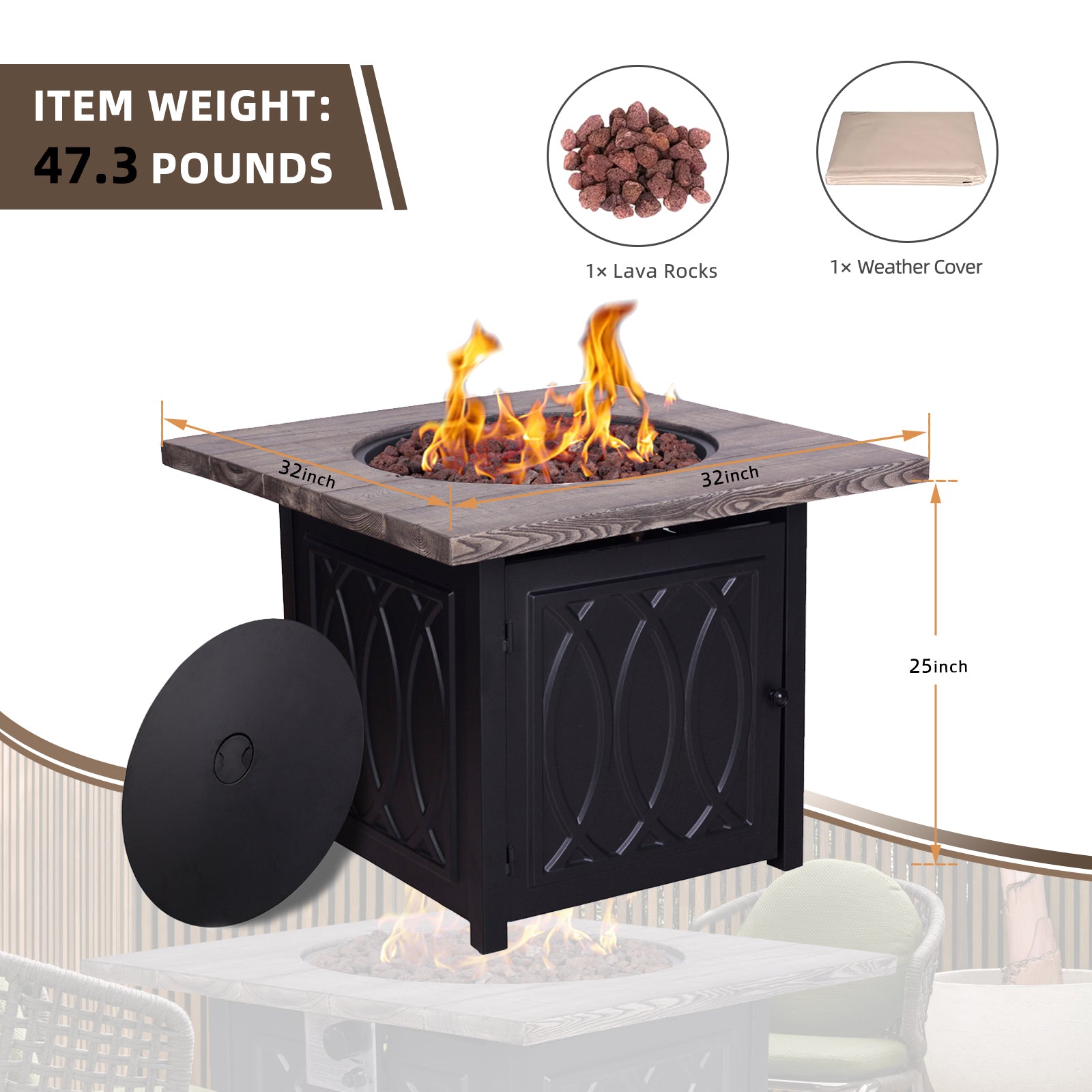 Faux Woodgrain Table Top And Steel Base Propane Outdoor Fire Pit Table With Lid Black Garden & Outdoor American Design Steel