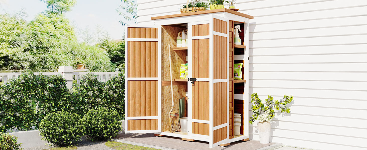 Outdoor 5.5Ft Hx4.1Ft L Wood Storage Shed, Garden Tool Cabinet With Waterproof Asphalt Roof, Four Lockable Doors, Multiple Tier Shelves, Natural Natural Water Resistant Frame Garden & Outdoor Rustic Wood