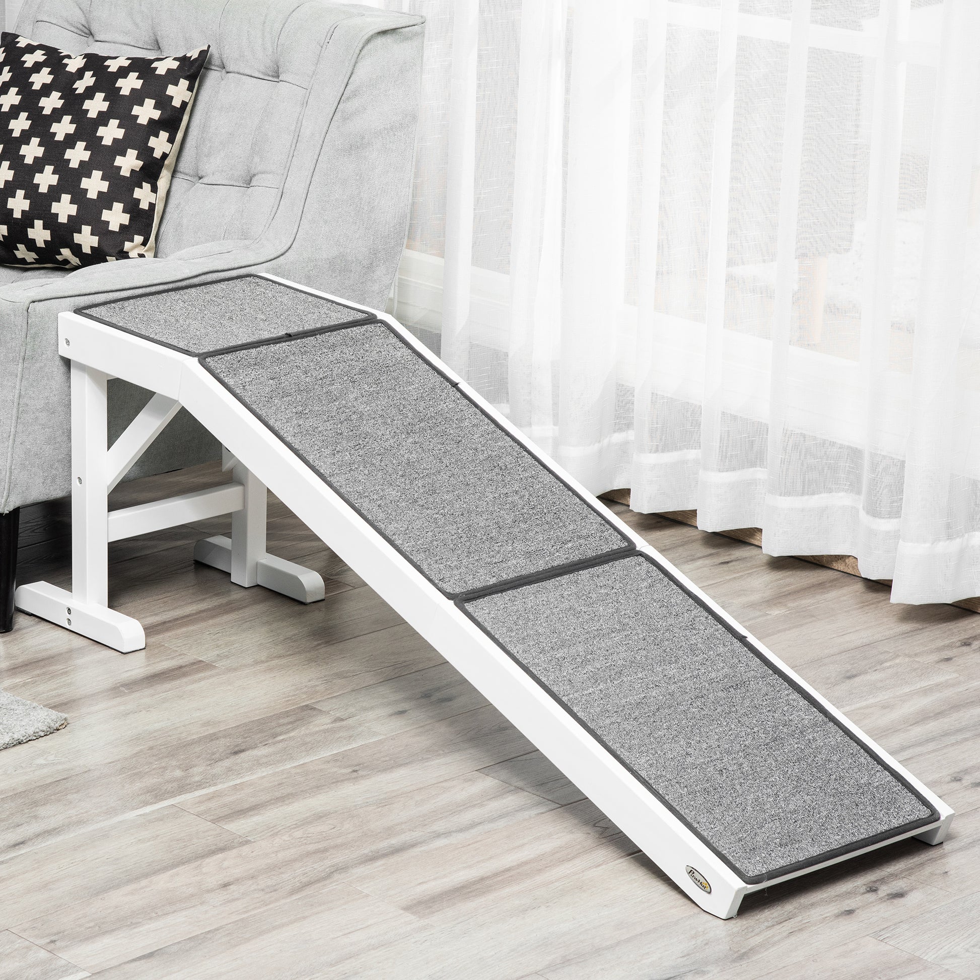 Pawhut Dog Ramp For Bed, Pet Ramp For Dogs With Non Slip Carpet And Top Platform, 60" X 16" X 20", White White Wood